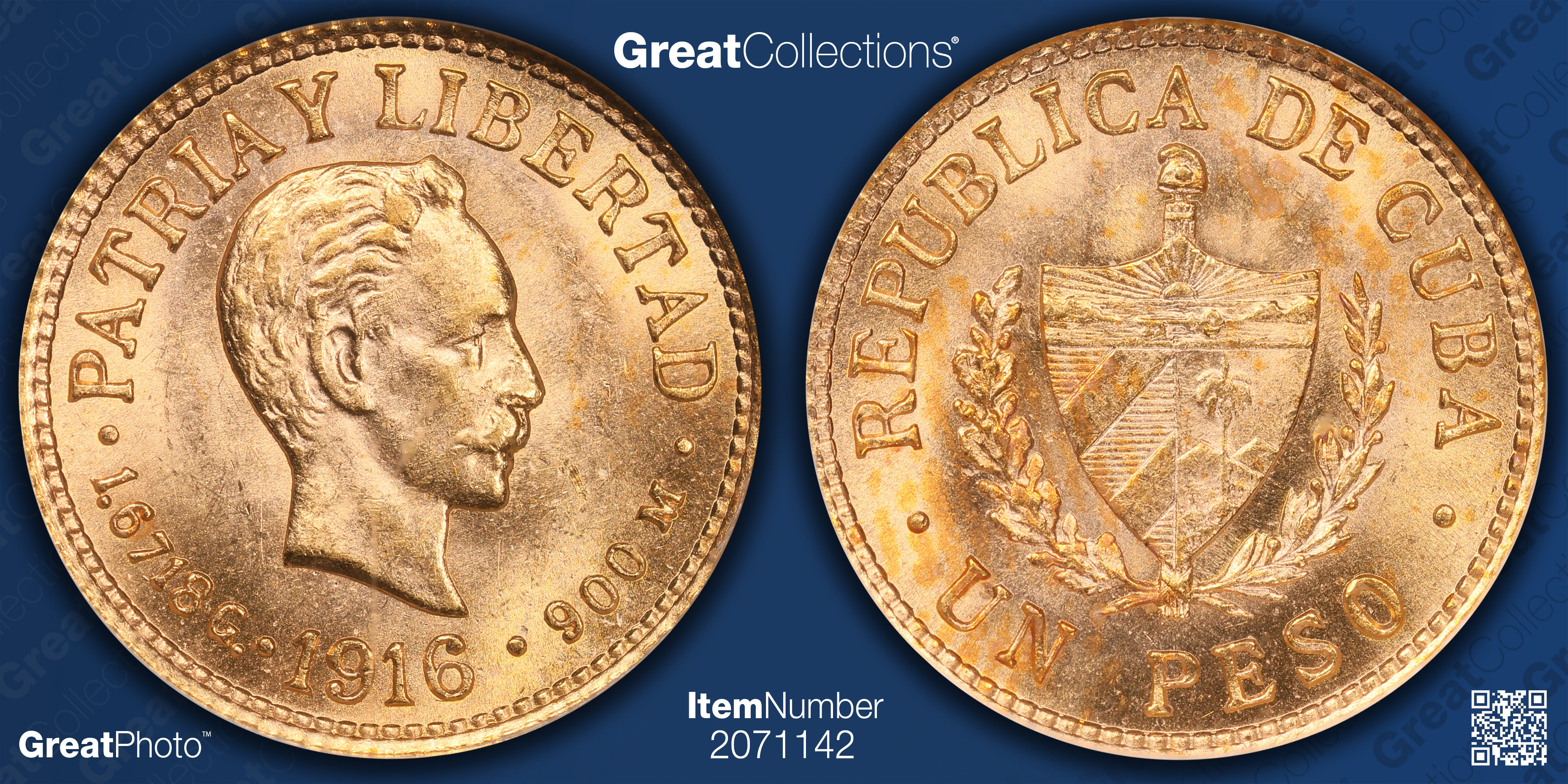 Cuba 1916 Gold Peso KM-16 NGC MS-64 (AGW = 0.0484 oz.) (Item