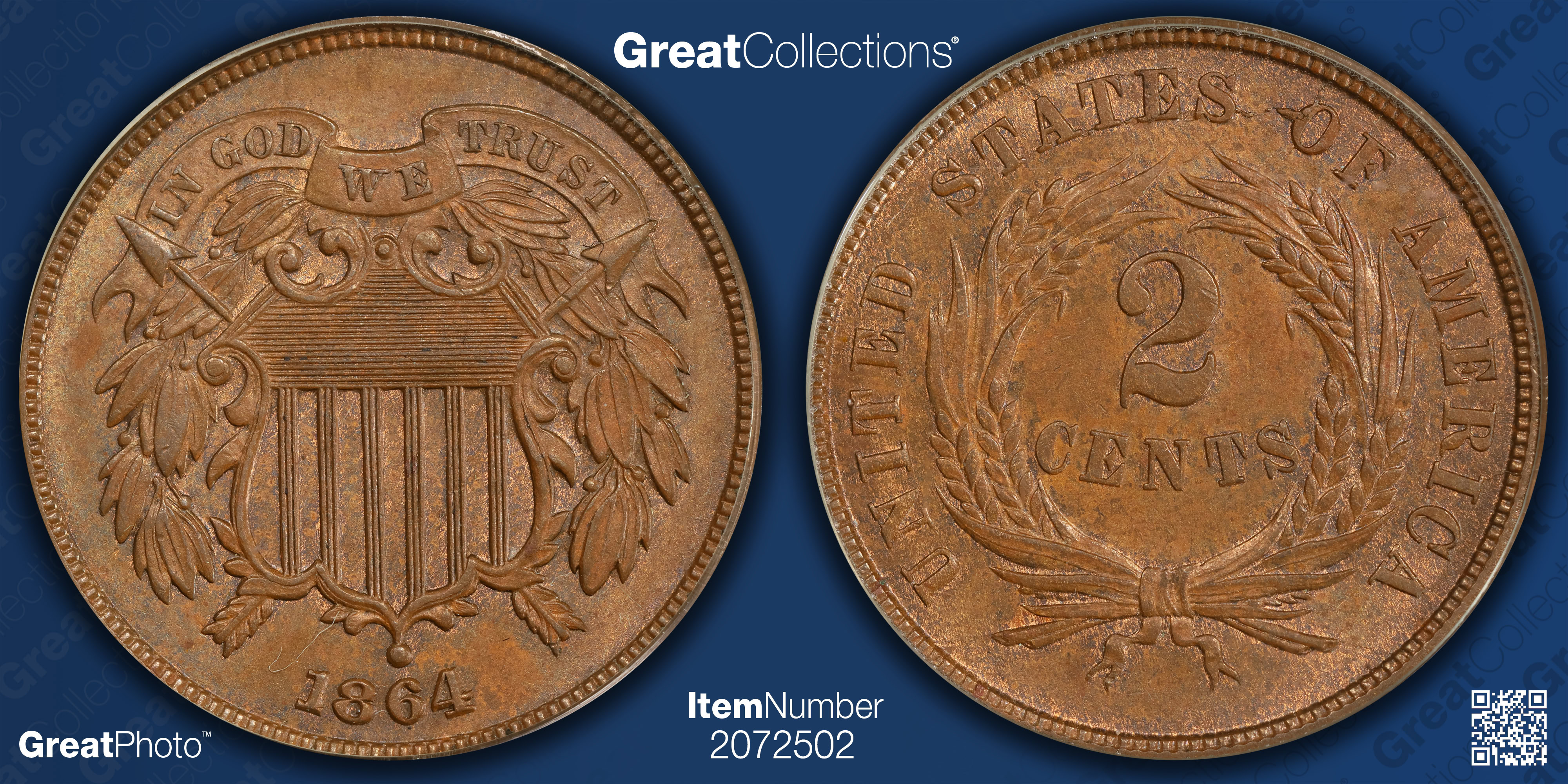 1864 Two-Cent Piece Large Motto PCGS MS-64 BN OGH (1st Gen) (Item ...