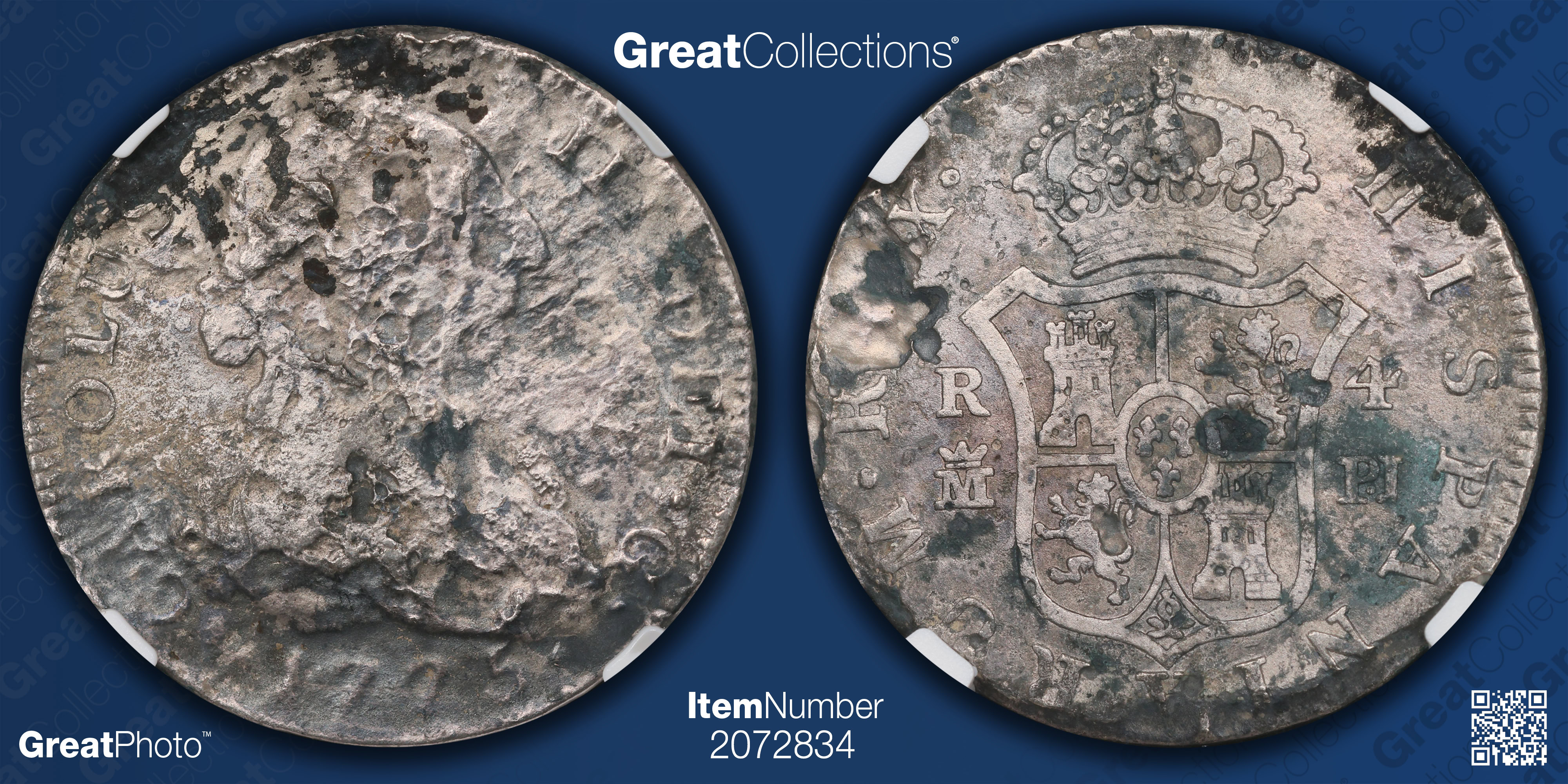 Spain 1775-M PJ Silver 4 Reales KM-413.1 NGC Sea Salvaged (HMS