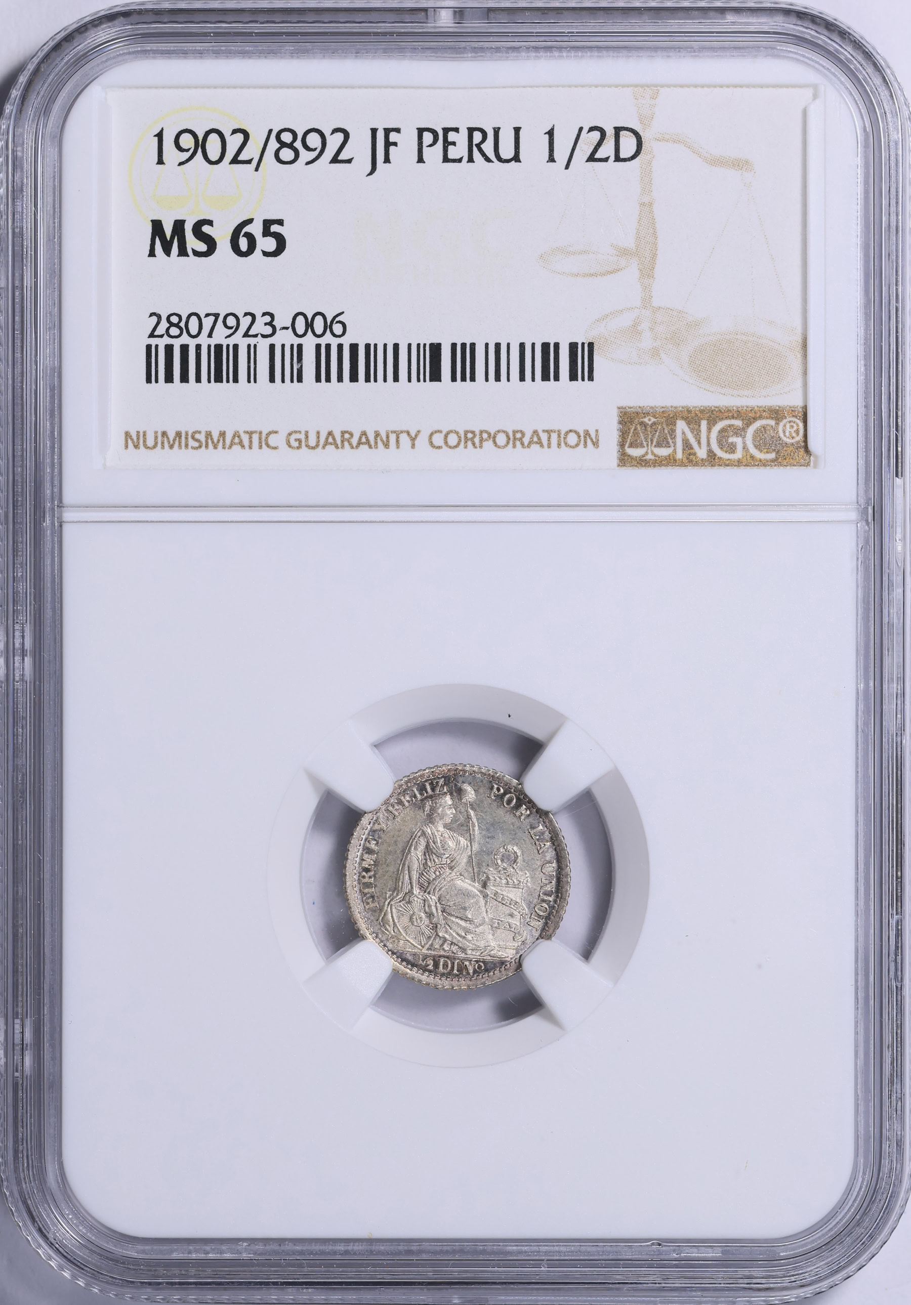 Peru 1902/892-JF Silver 1/2 Dinero KM-206.2 NGC MS-65 (Item