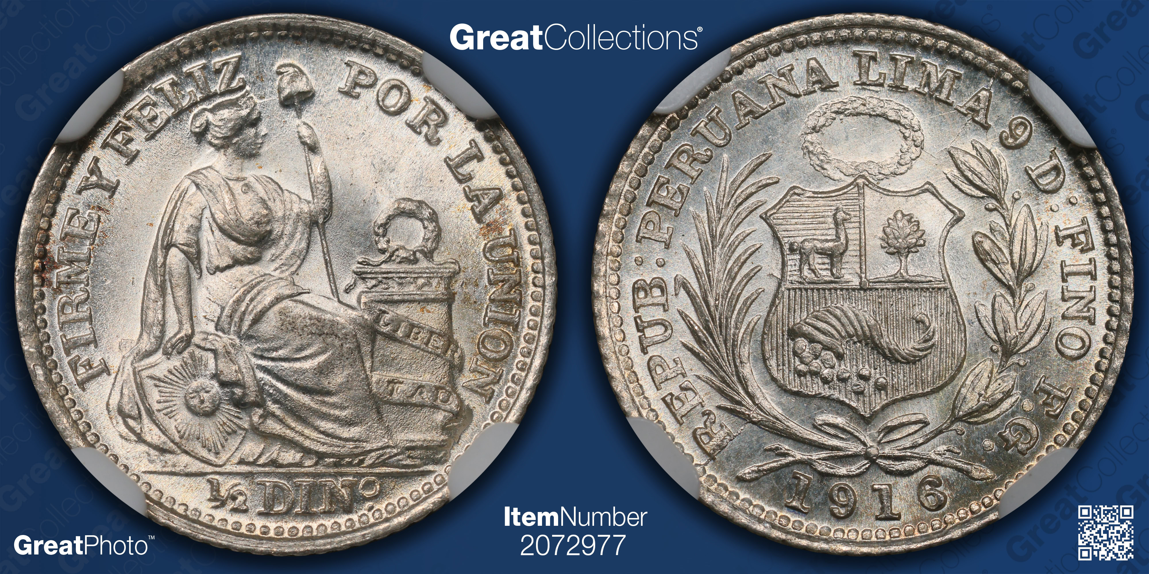 Peru 1916-FG Silver 1/2 Dinero KM-206.2 NGC MS-66 (Item 2072977