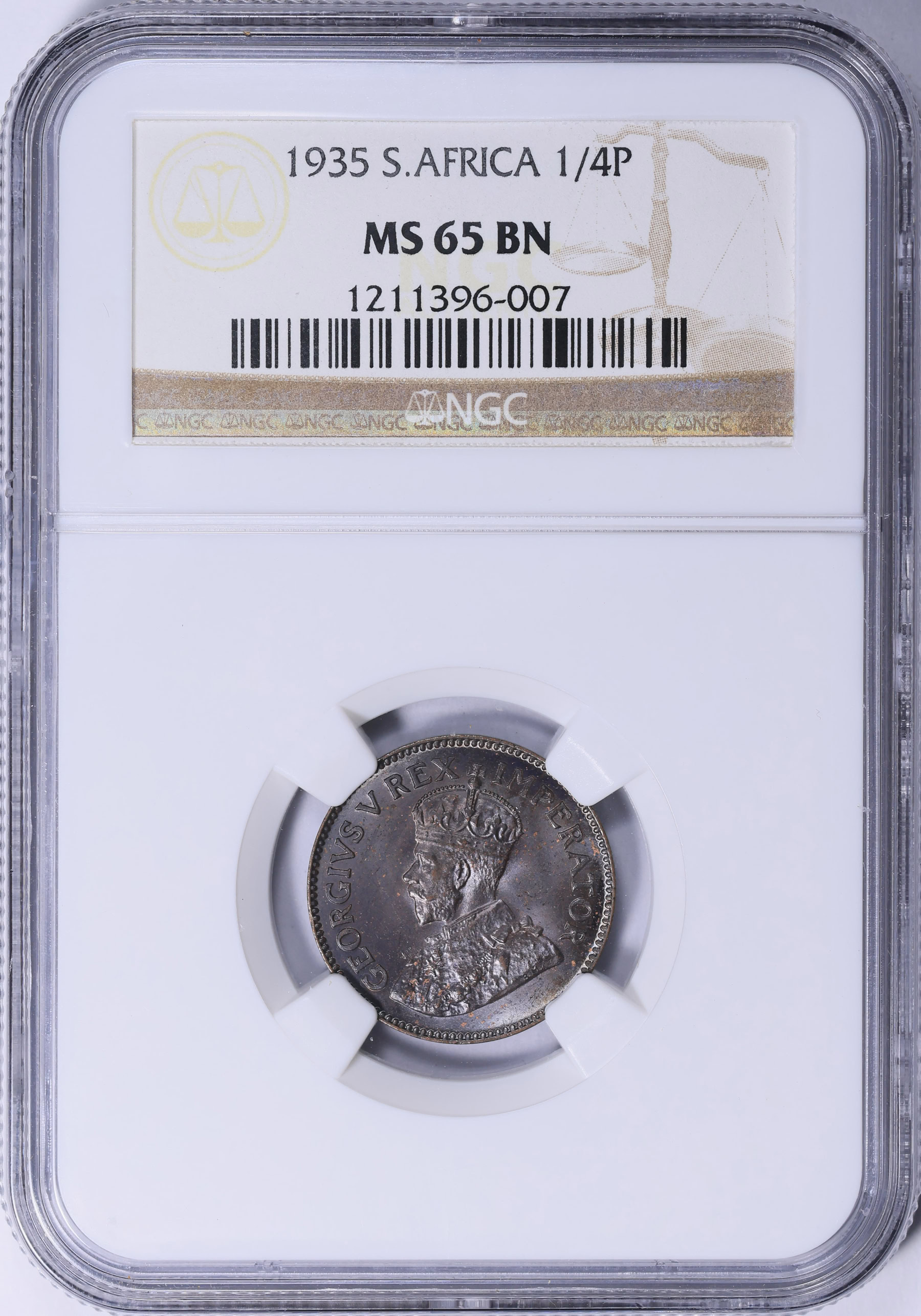 South Africa 1935 1/4 Penny KM-12.3 NGC MS-65 BN (Item 2072982
