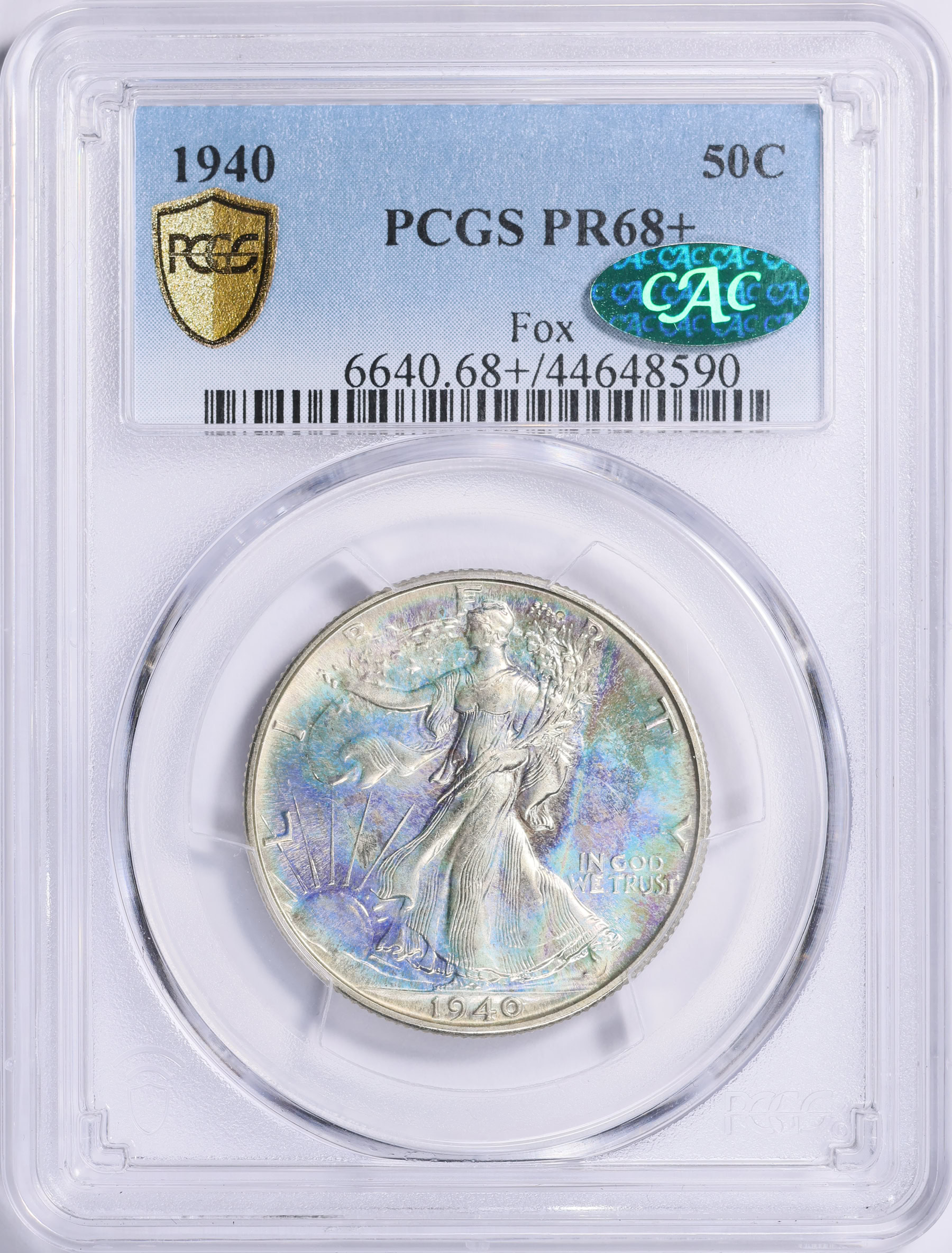 1940 Walking Liberty Half Dollar PCGS Proof-68+ (CAC Green) (Toned
