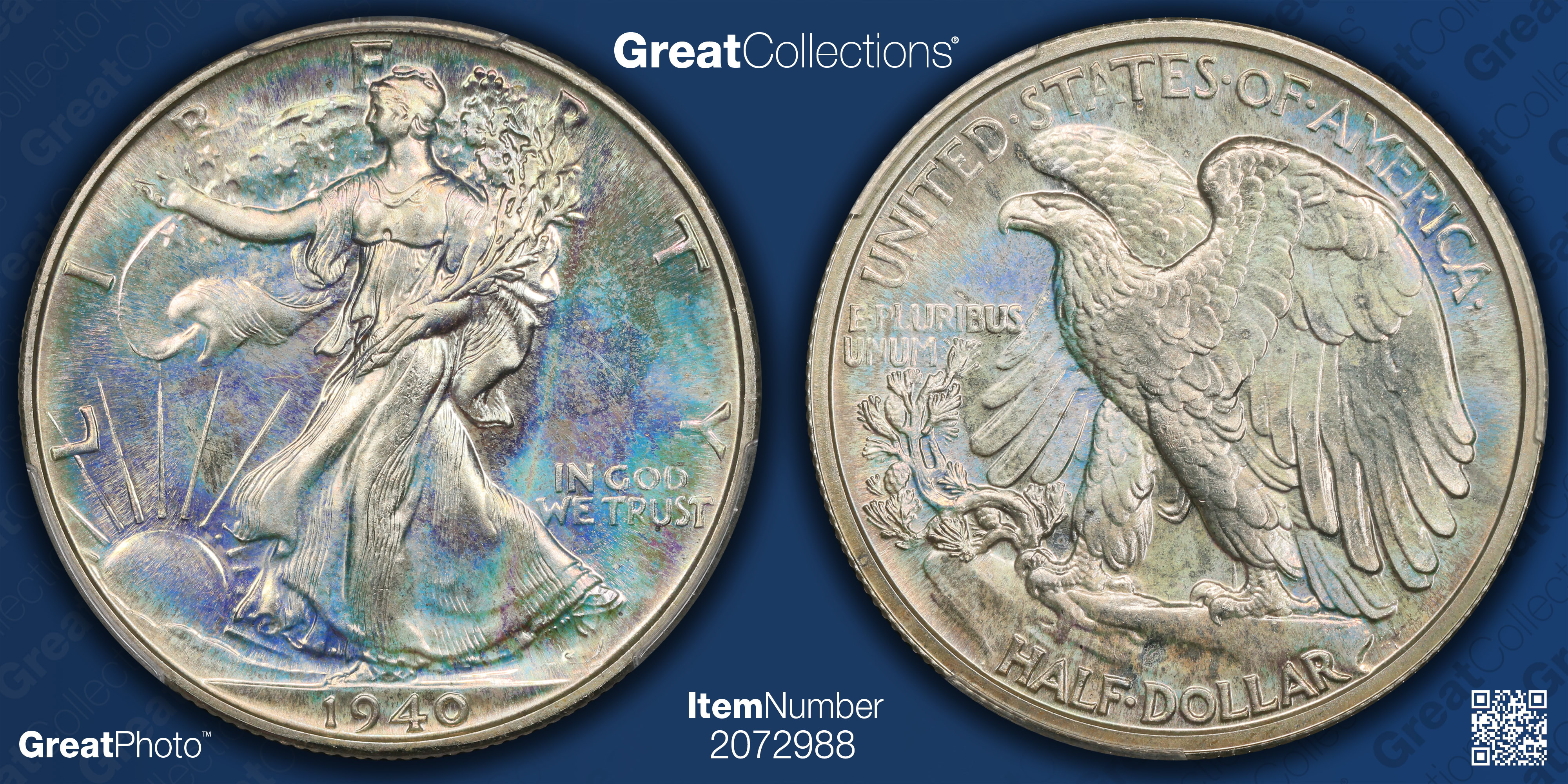 1940 Walking Liberty Half Dollar PCGS Proof-68+ (CAC Green) (Toned
