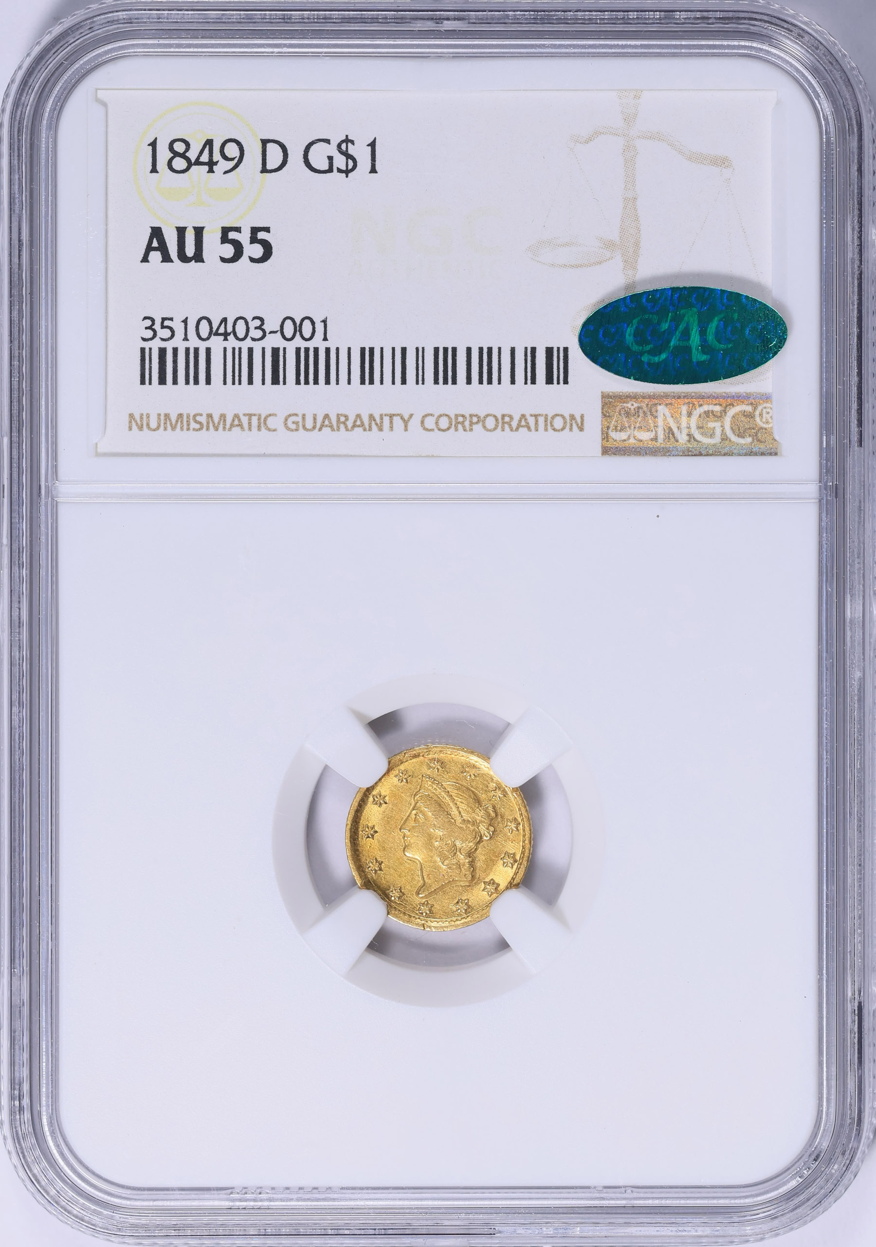 1849-D Liberty Gold Dollar NGC AU-55 (CAC Green) (Item 2073228