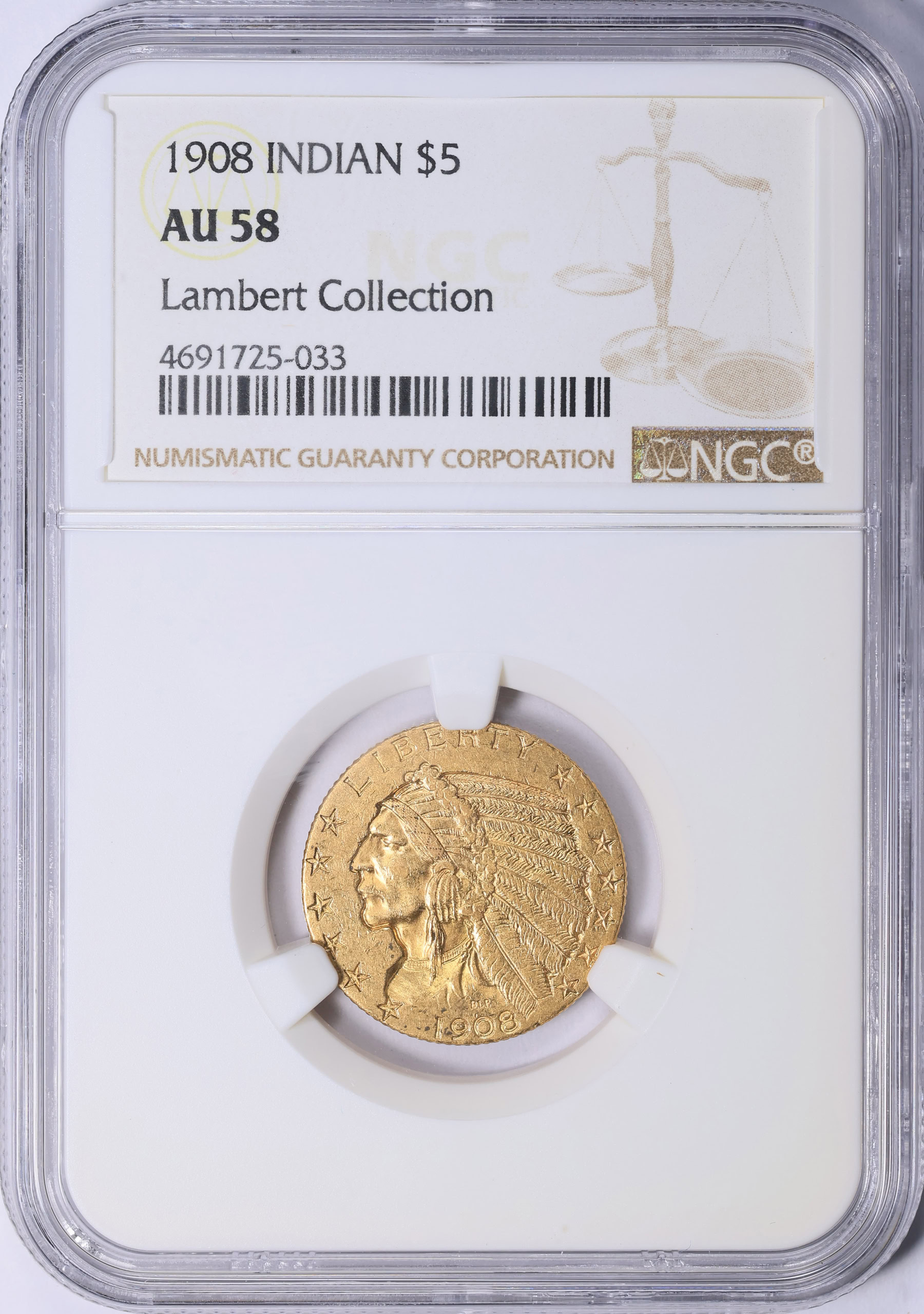1908 Indian Gold Half Eagle NGC AU-58 (Lambert Collection) (Item