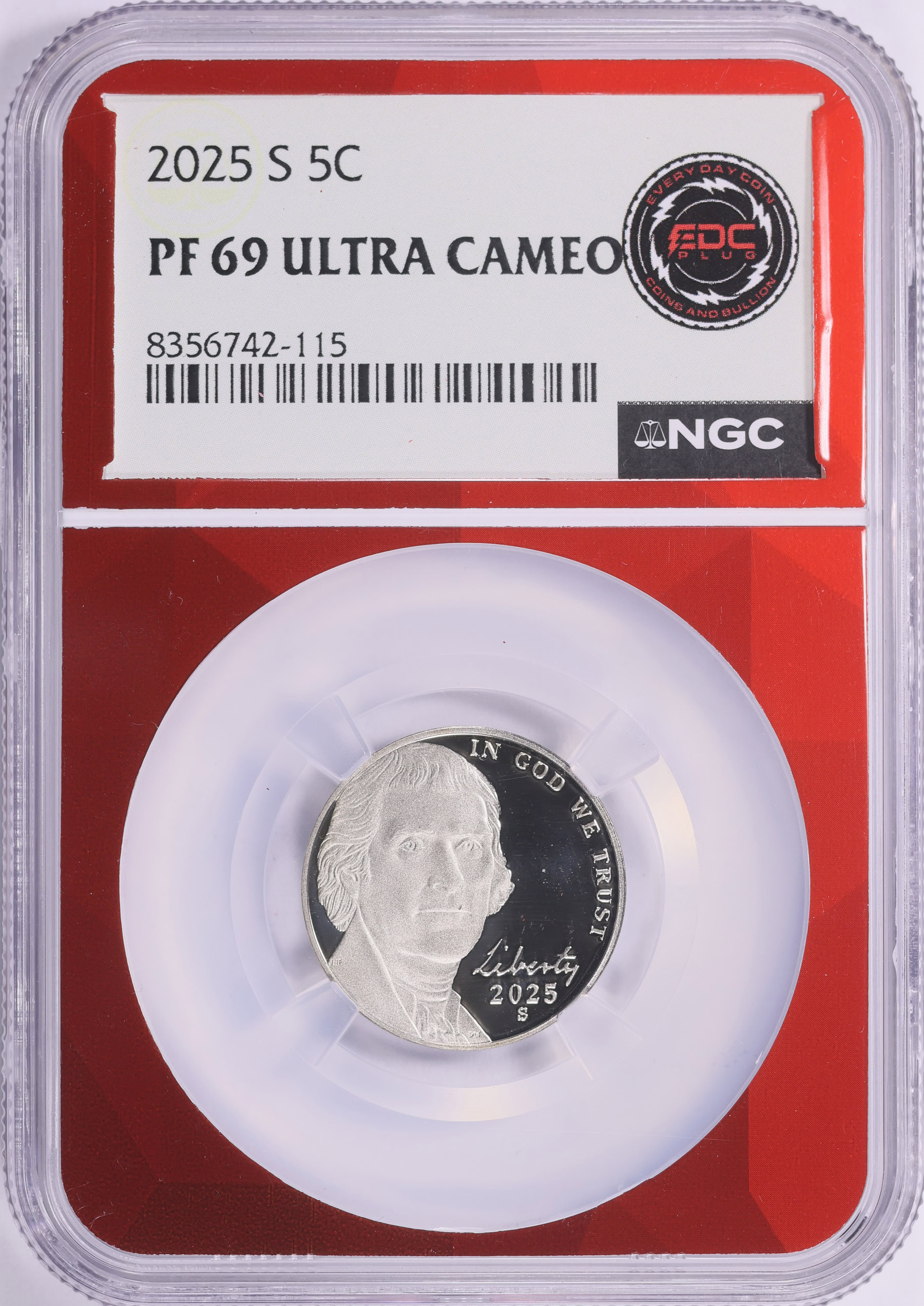 2025-S Jefferson Nickel NGC Proof-69 UC (EDC Red Core) | NGC Cert