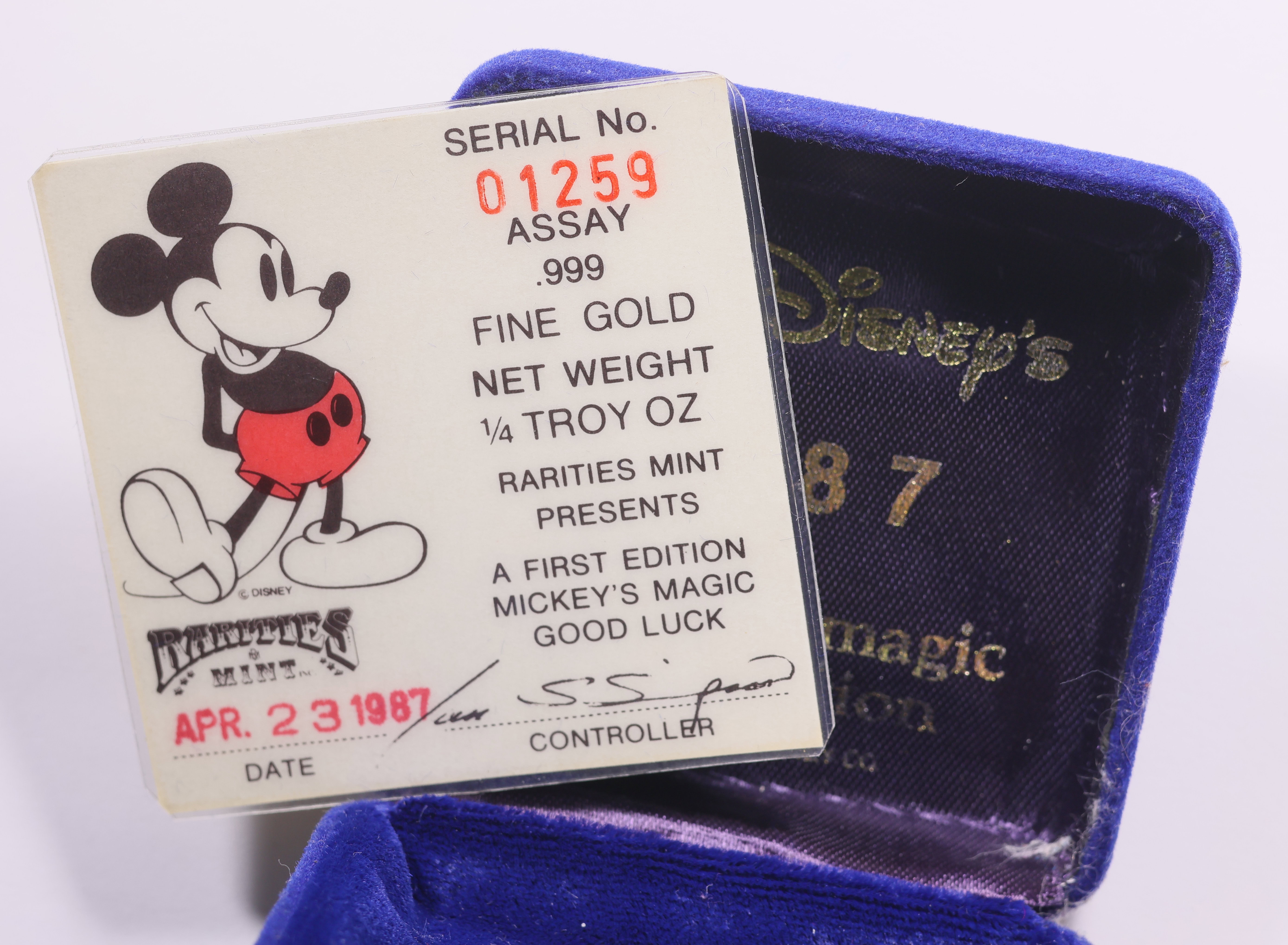 1987-RM Gold 1/4oz Mickey's Magic Disney Medal With Case of Issue