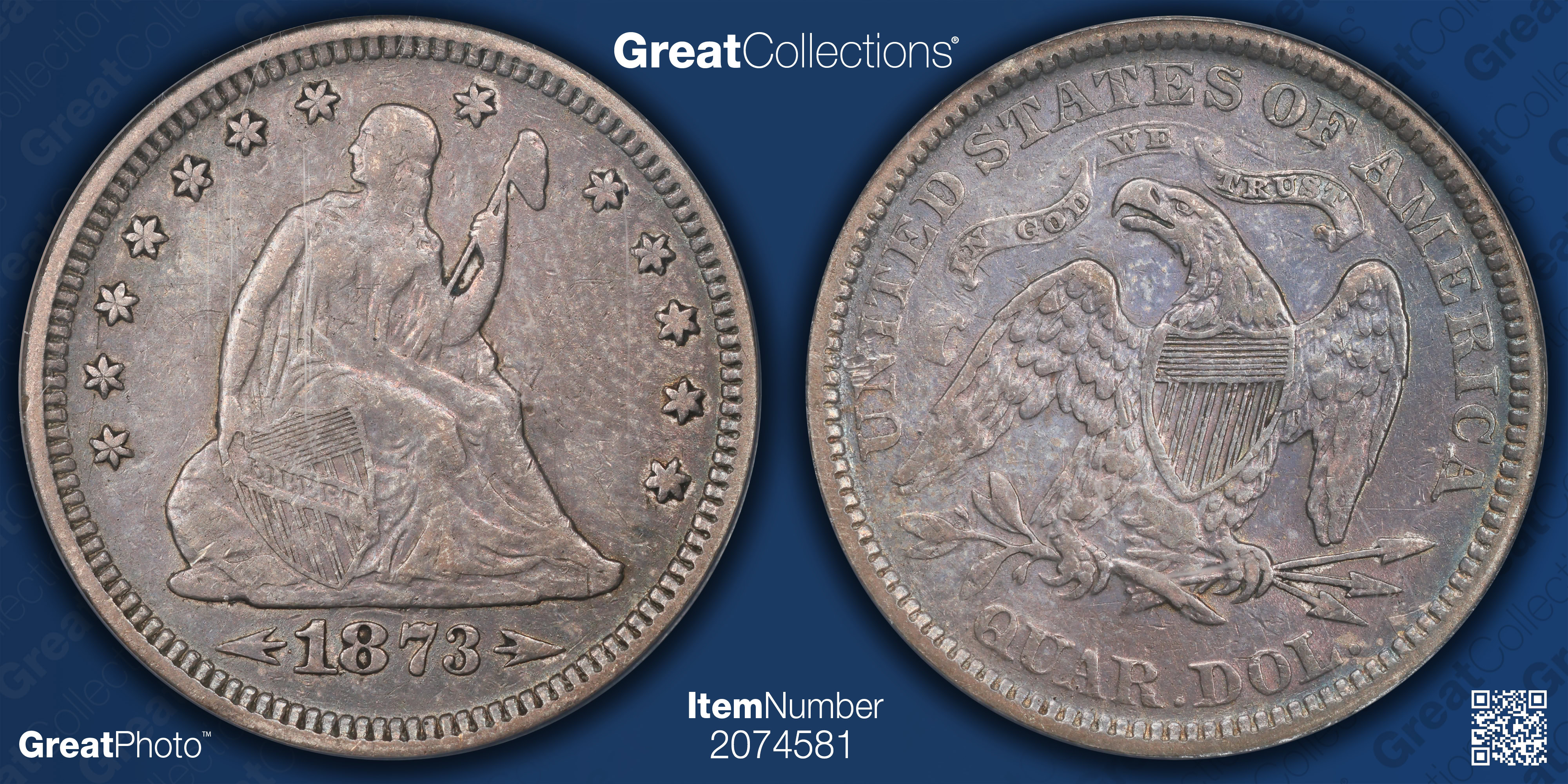 1873 Seated Liberty Quarter Arrows ANACS VF-35 (Toned) (Item