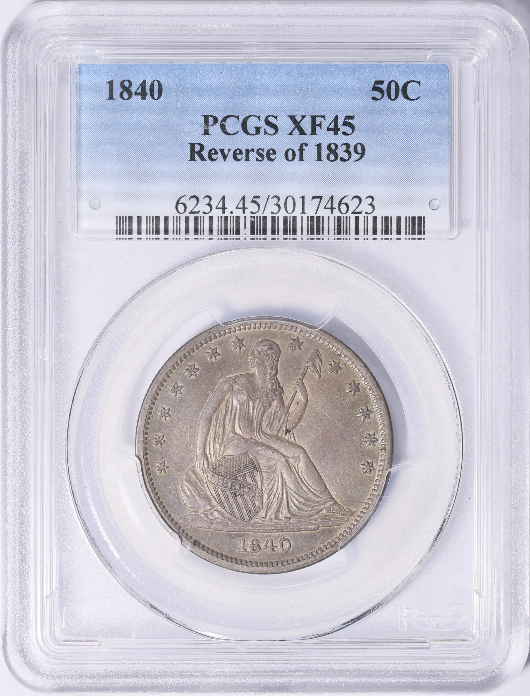 1840 Seated Liberty Half Dollar Reverse of 1839 PCGS XF-45 (Toned