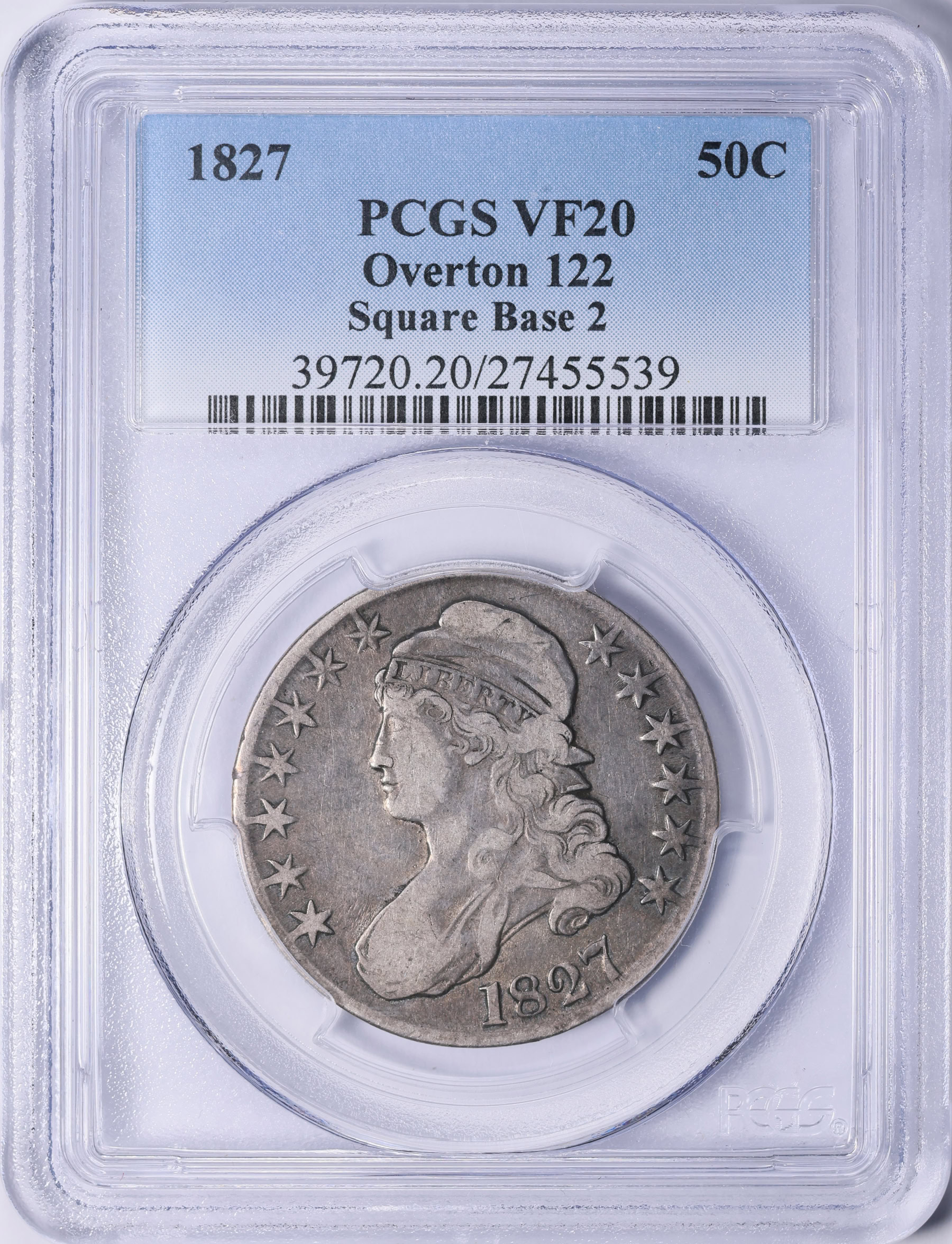 1827 Capped Bust Half Dollar Square Base 2 Overton 122 PCGS VF-20