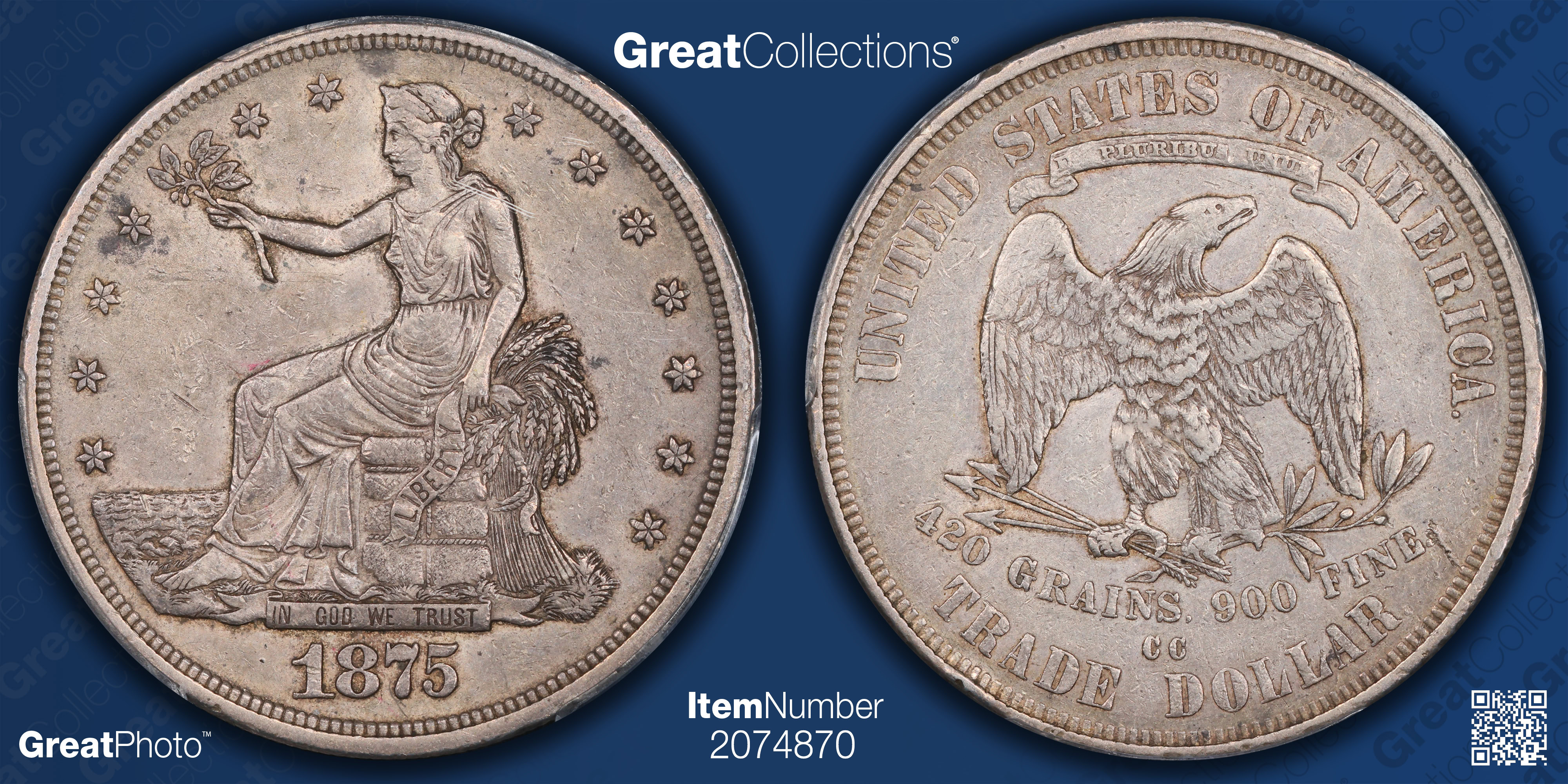 1875-CC Trade Silver Dollar PCGS XF-45 (CAC Green) (Item 2074870