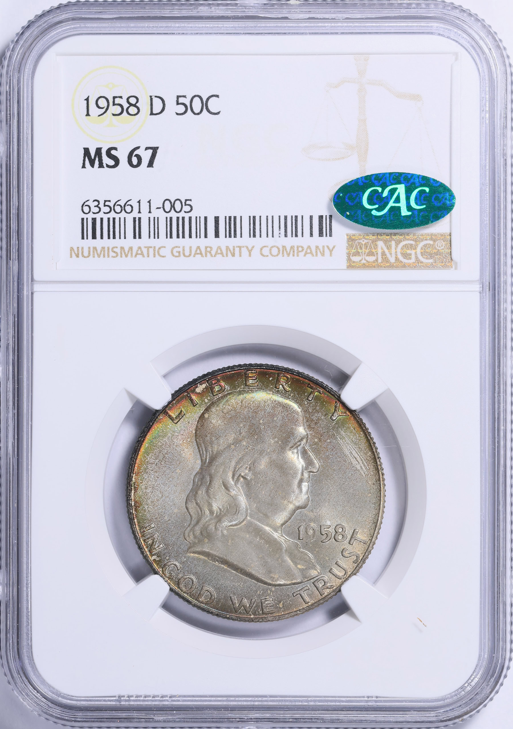 1958-D Franklin Half Dollar NGC MS-67 (CAC Green) (Toned) (Item