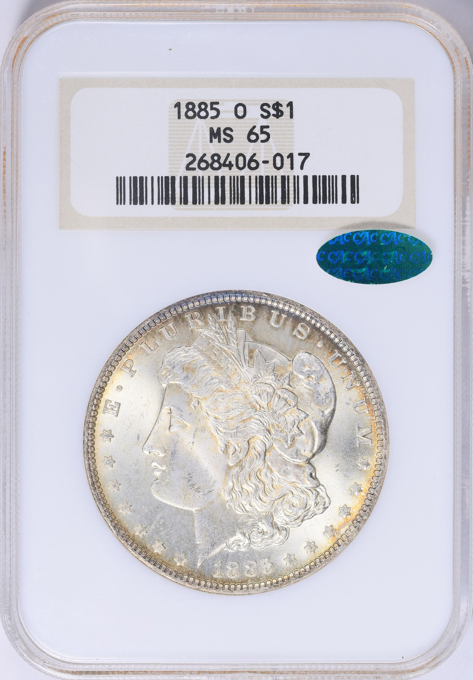 1885-O Morgan Silver Dollar NGC MS-65 (CAC Green) OH (Toned) (Item
