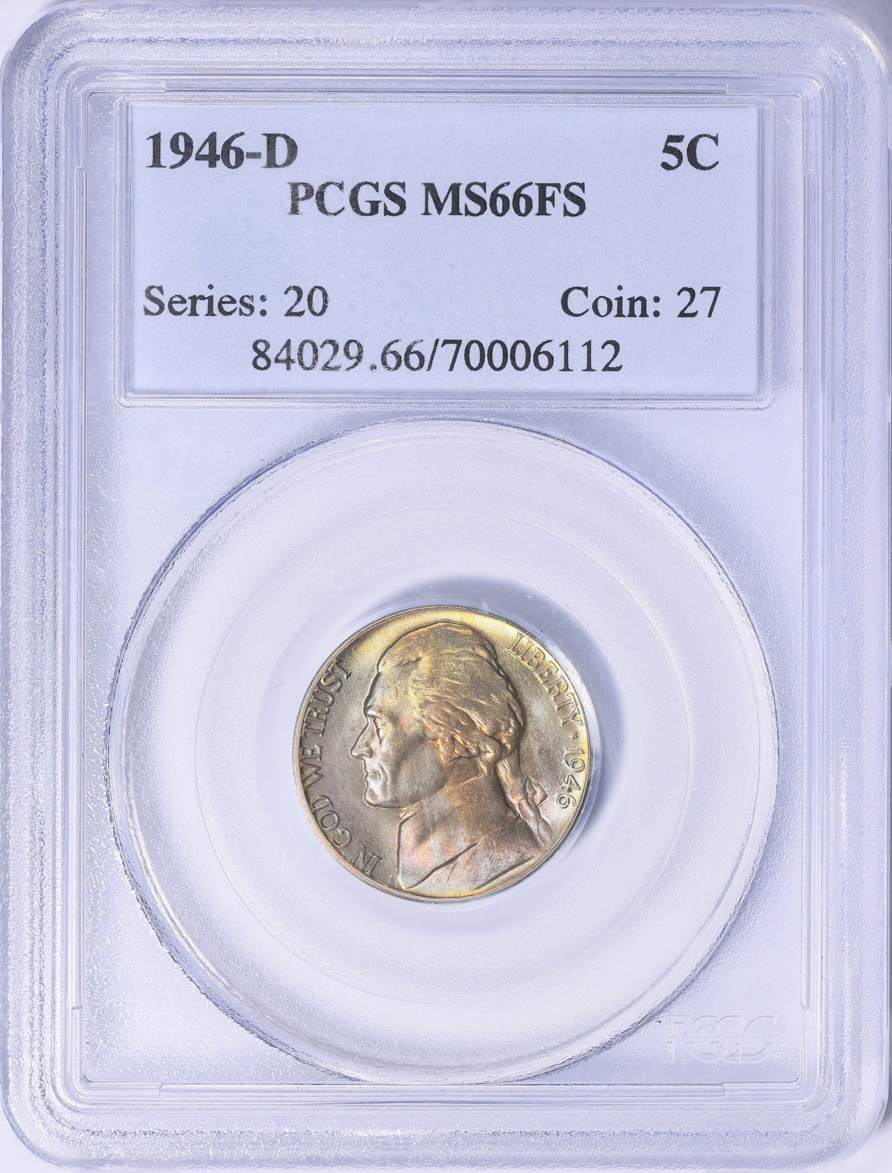 1946-D Jefferson Nickel PCGS MS-66 FS (Toned) (Item 2075370