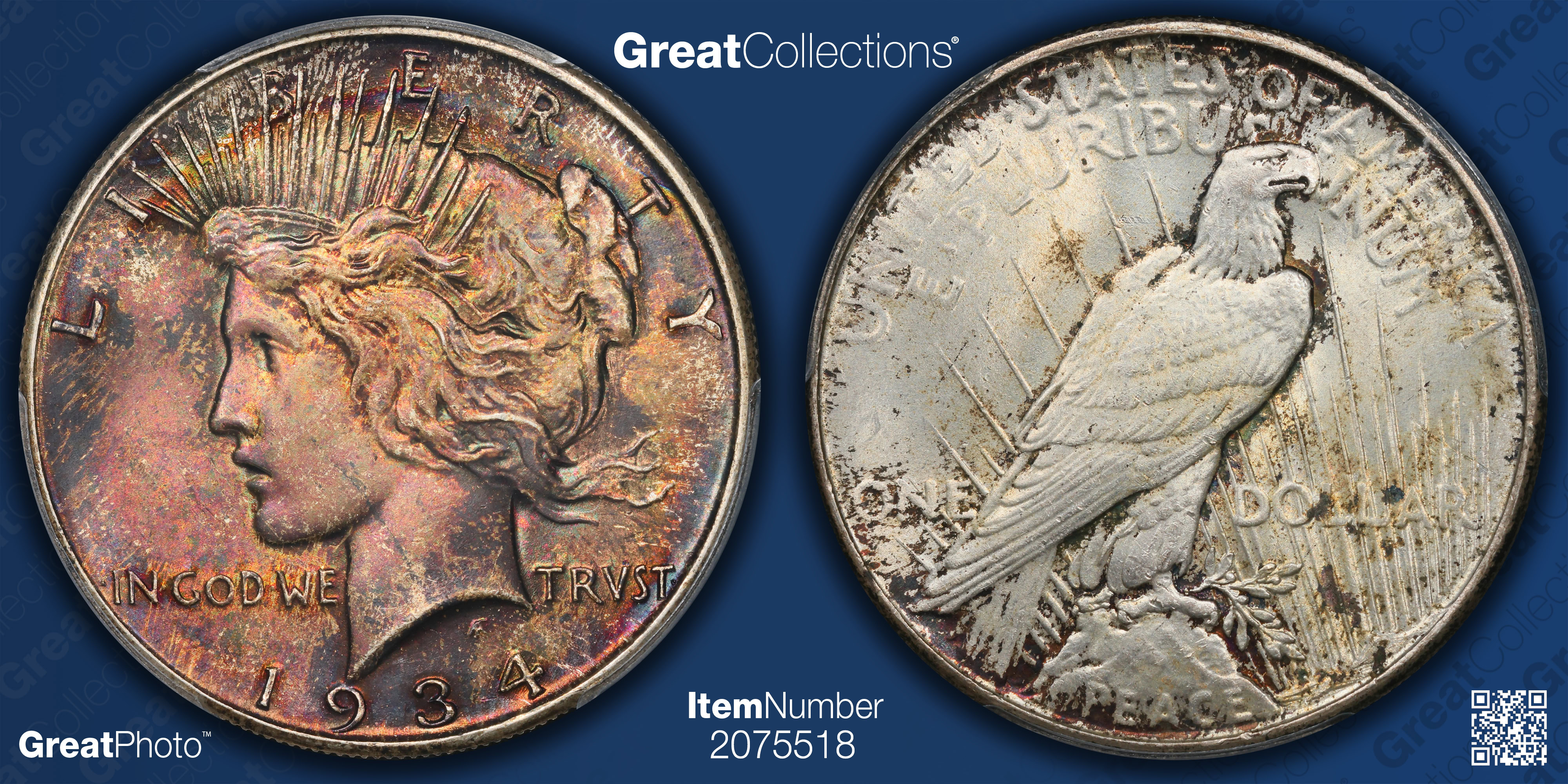 1934 Peace Silver Dollar PCGS MS-64 (CAC Green) (Toned) (Item