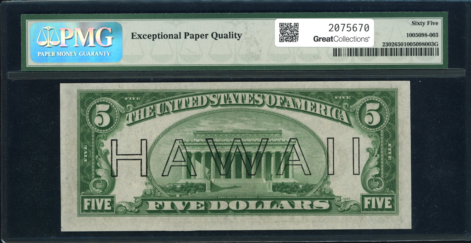 Fr. 2302 (LA Block) 1934A $5 Hawaii WWII Emergency Issue Note Julian ...