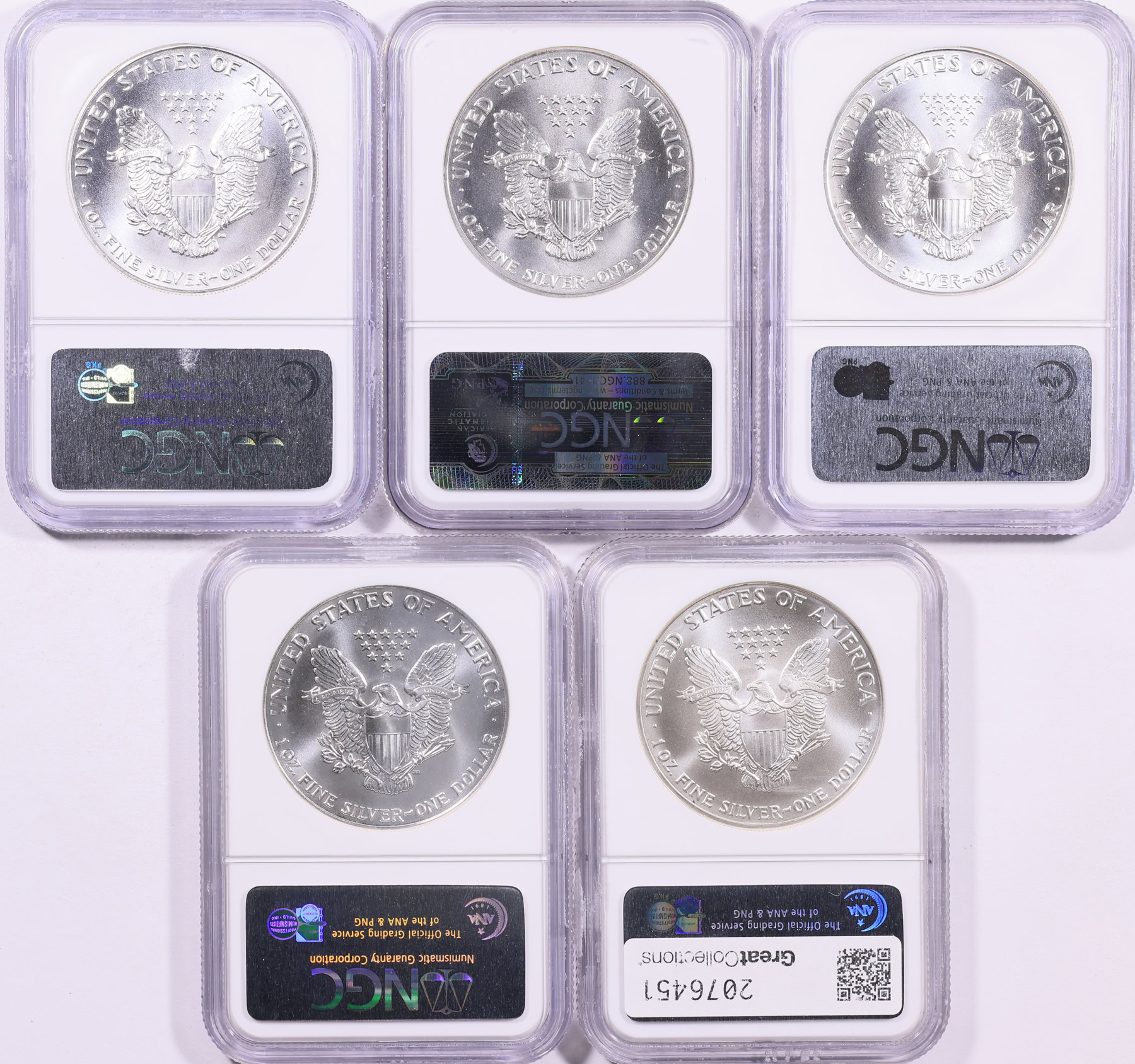 1992 $1 Silver Eagle NGC MS-69 (5 Coins) (Item 2076451