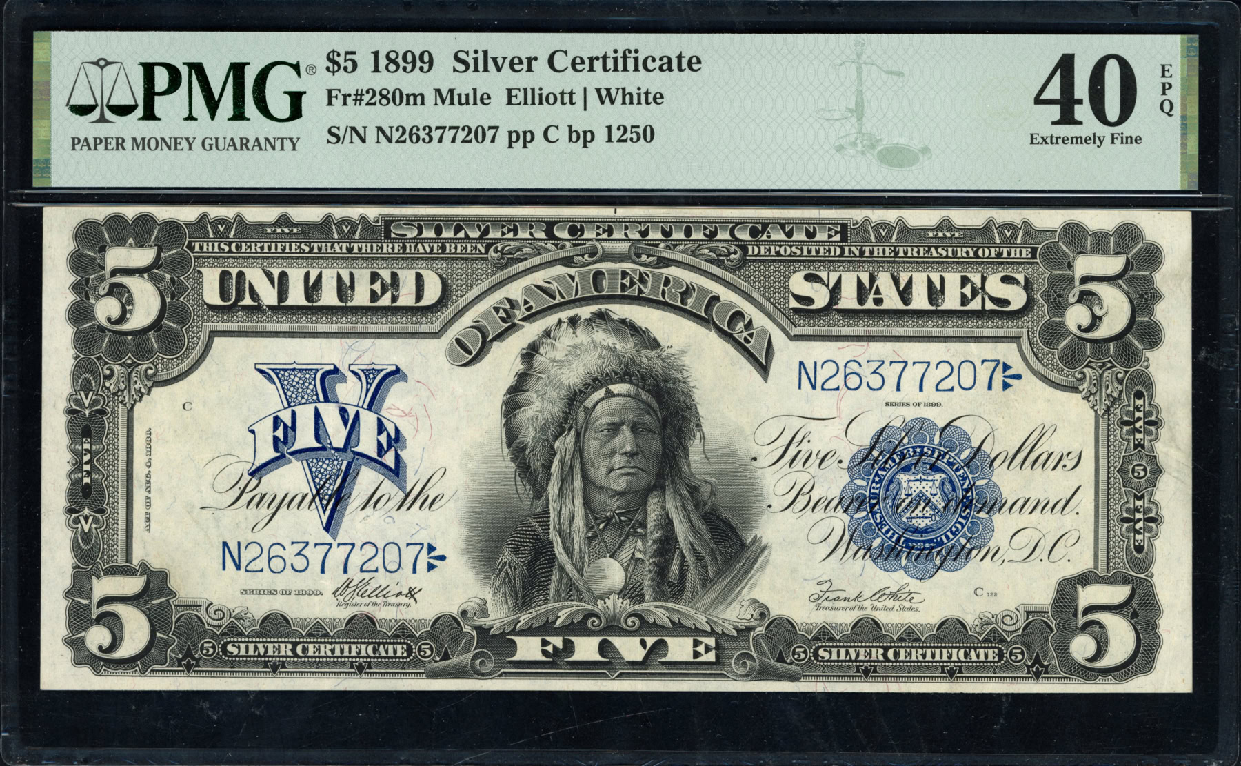 Fr. 280m 1899 $5 Silver Certificate Mule Note Elliott / White PMG