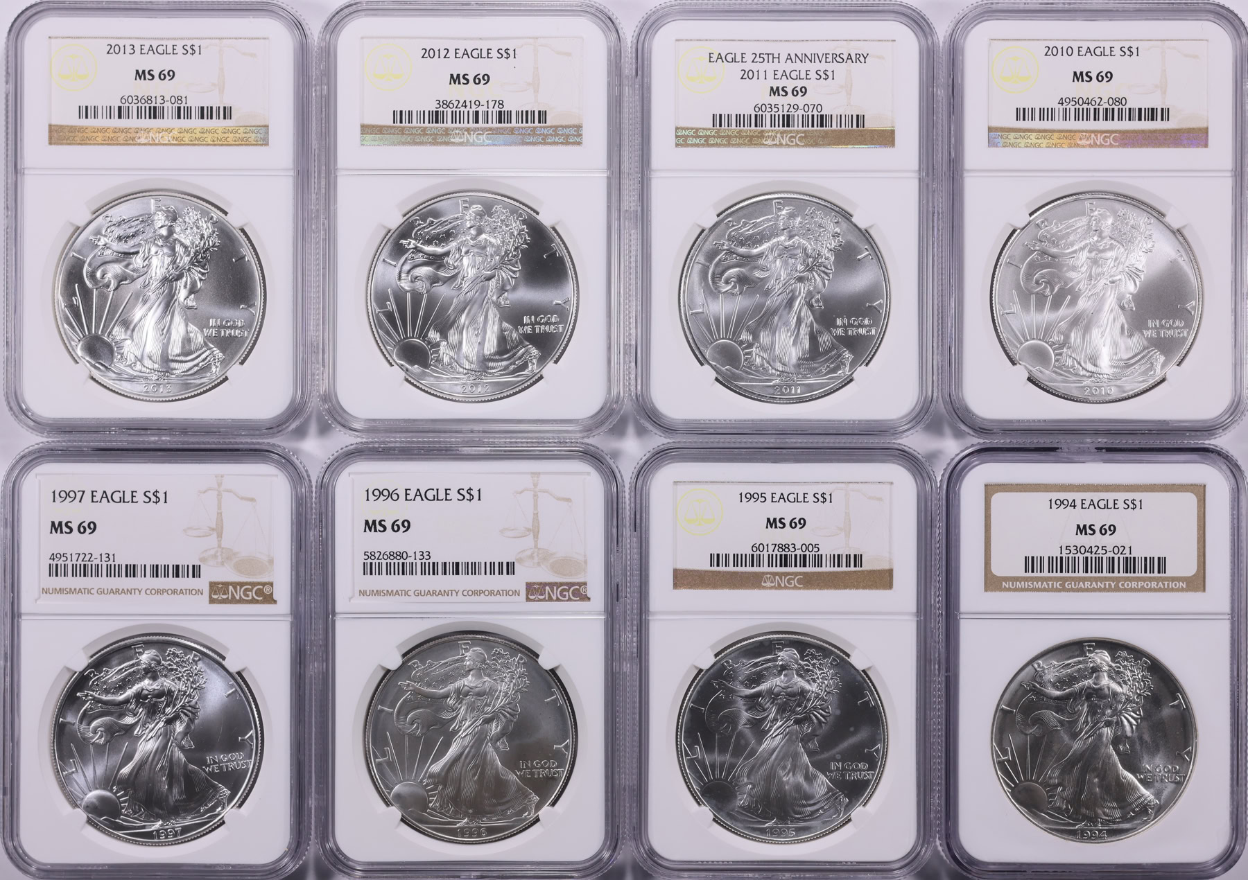 1986 - 2021 $1 Silver Eagle Date Run NGC MS-69 (36 Coins) (Item