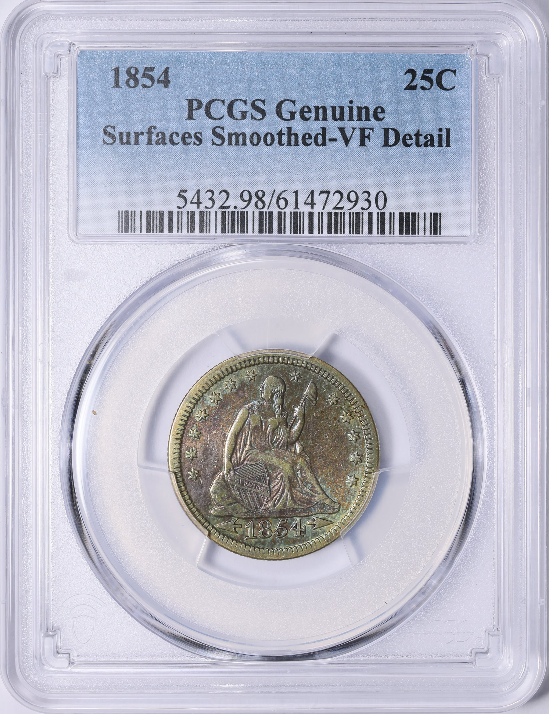 1854 Seated Liberty Quarter Arrows PCGS Genuine VF Details (Item