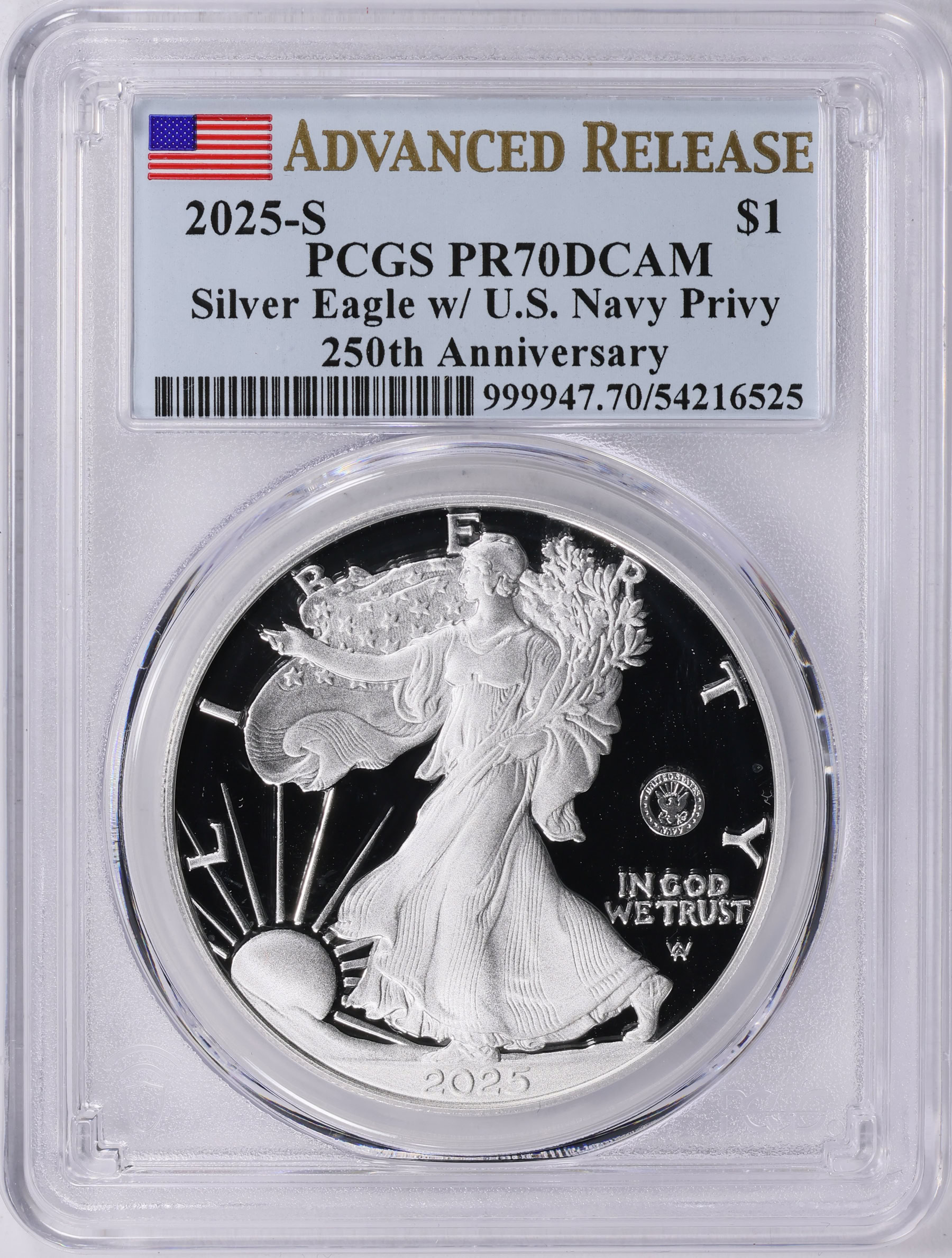2025-S $1 Silver Eagle U.S. Navy Privy 250th Anniversary Advanced