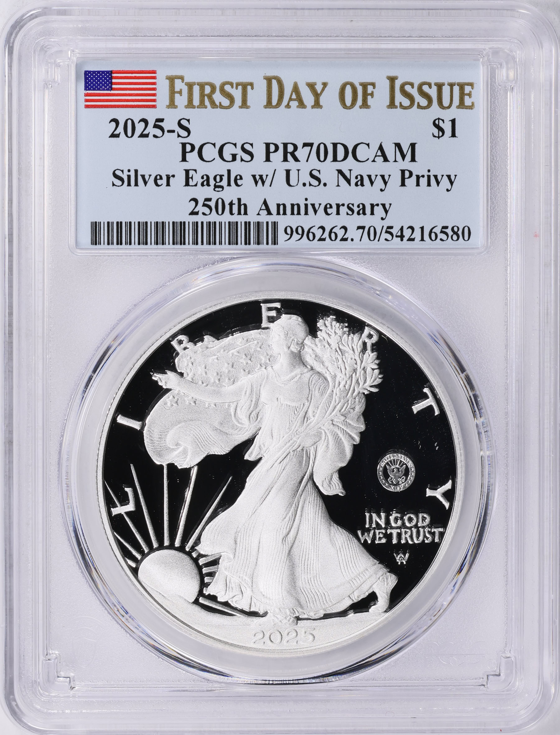2025-S $1 Silver Eagle U.S. Navy Privy 250th Anniversary First Day
