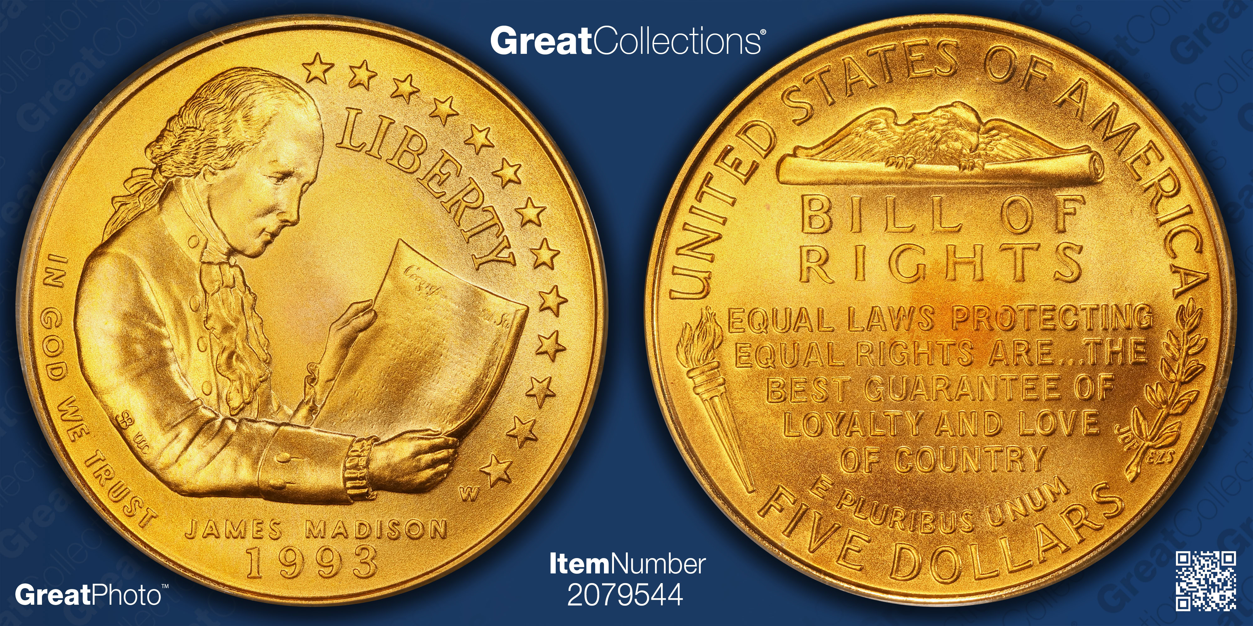 1993-W James Madison and Bill of Rights Gold $5 PCGS MS-69 (Item