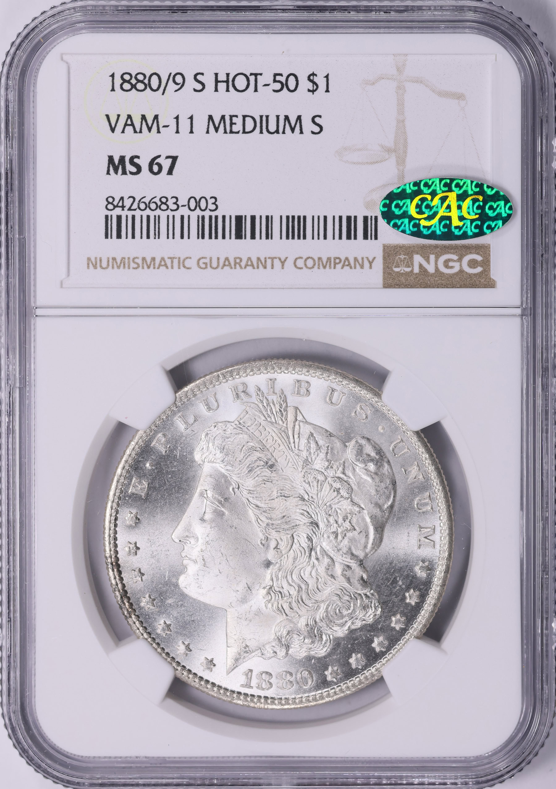 1880/9-S Morgan Silver Dollar Medium S VAM-11 *Hot 50* NGC MS-67