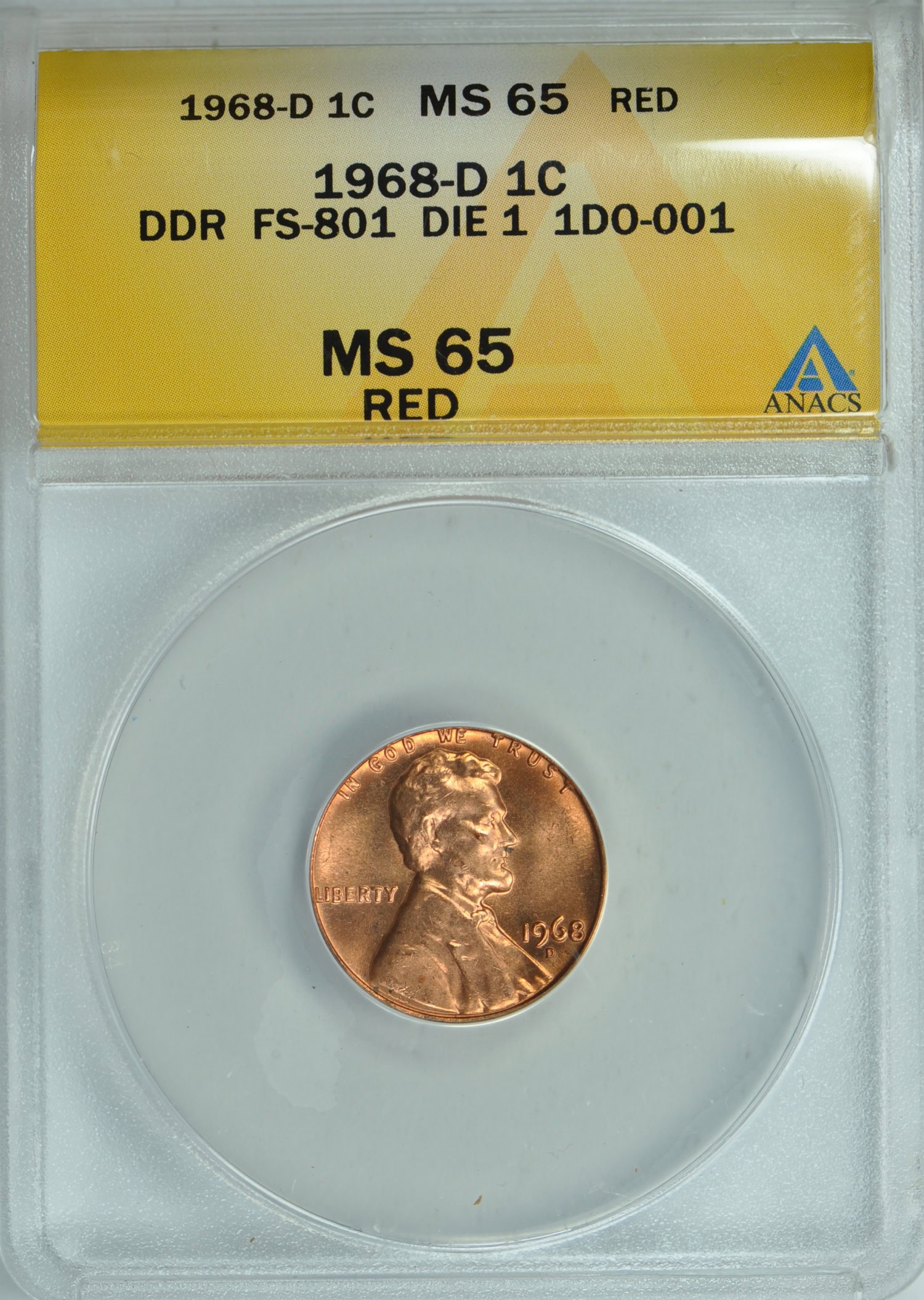 1968-D Lincoln Cent Doubled Die Reverse FS-801 Die 1 1DO-001 ANACS