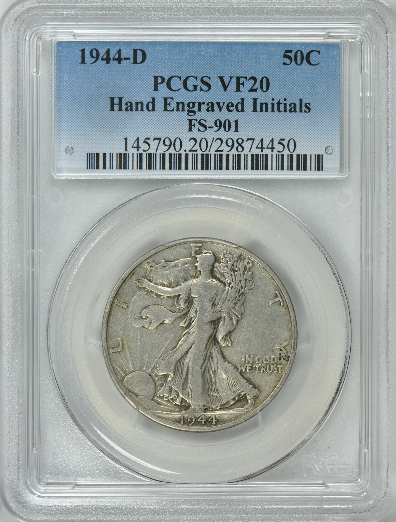 【レア物】Daido Silk 白　ナンバーとサイン入り 1944-D Walking Liberty Half Dollar Hand Engraved Initials FS-901