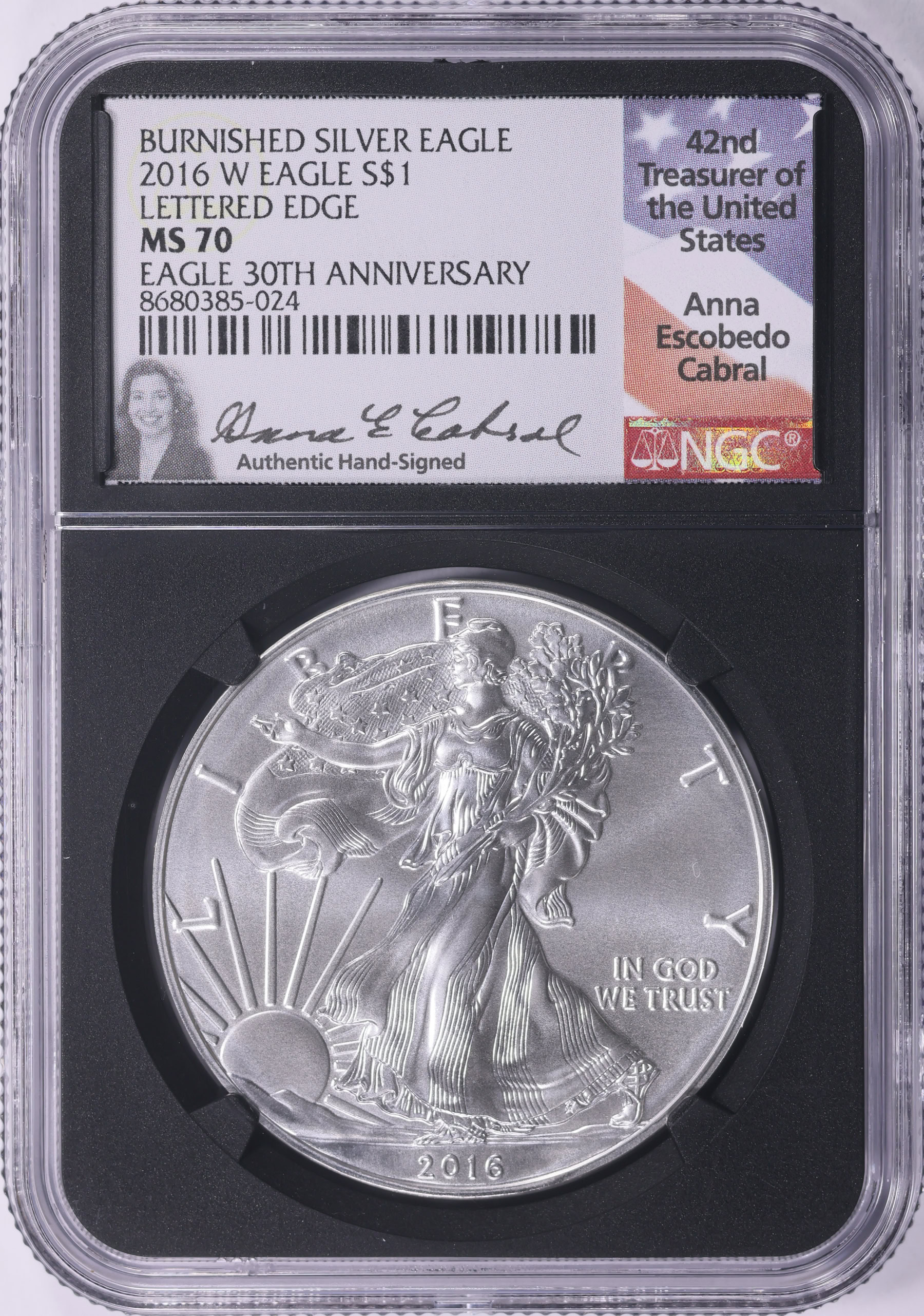 2016-W $1 Silver Eagle Burnished Lettered Edge 30th Anniversary