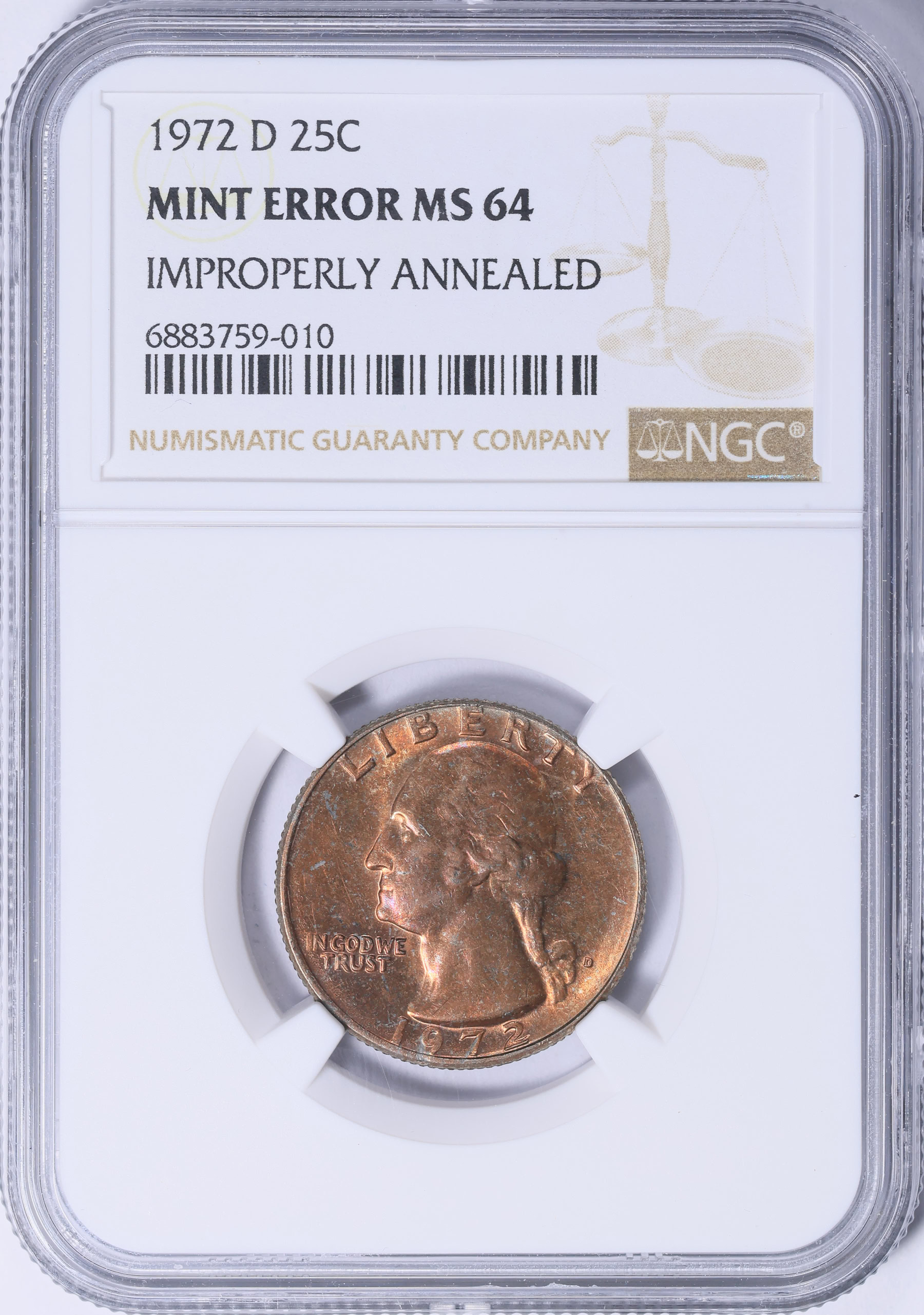 Mint Error 1972-D Washington Quarter Improperly Annealed NGC MS-64