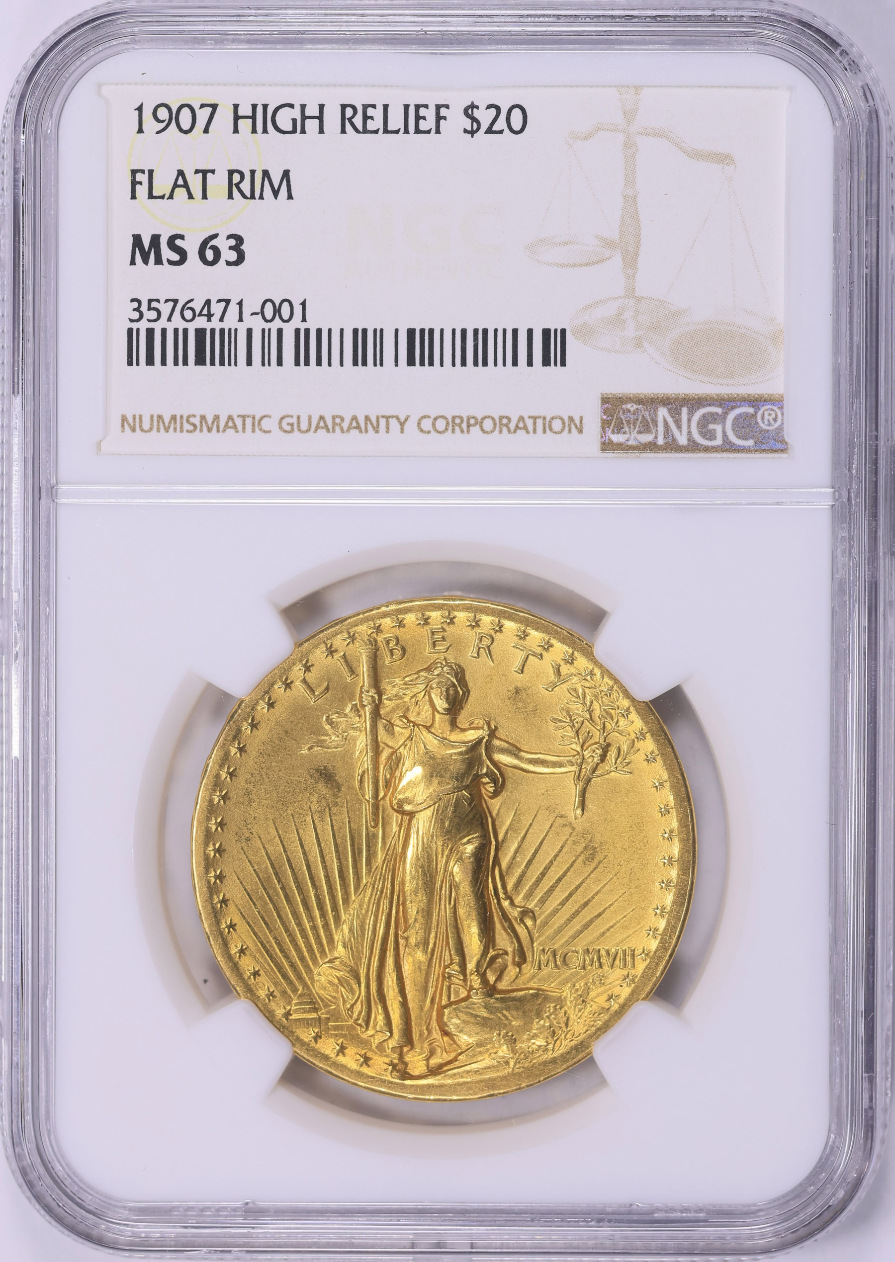 1907 Saint-Gaudens Gold Double Eagle MCMVII, High Relief, Flat