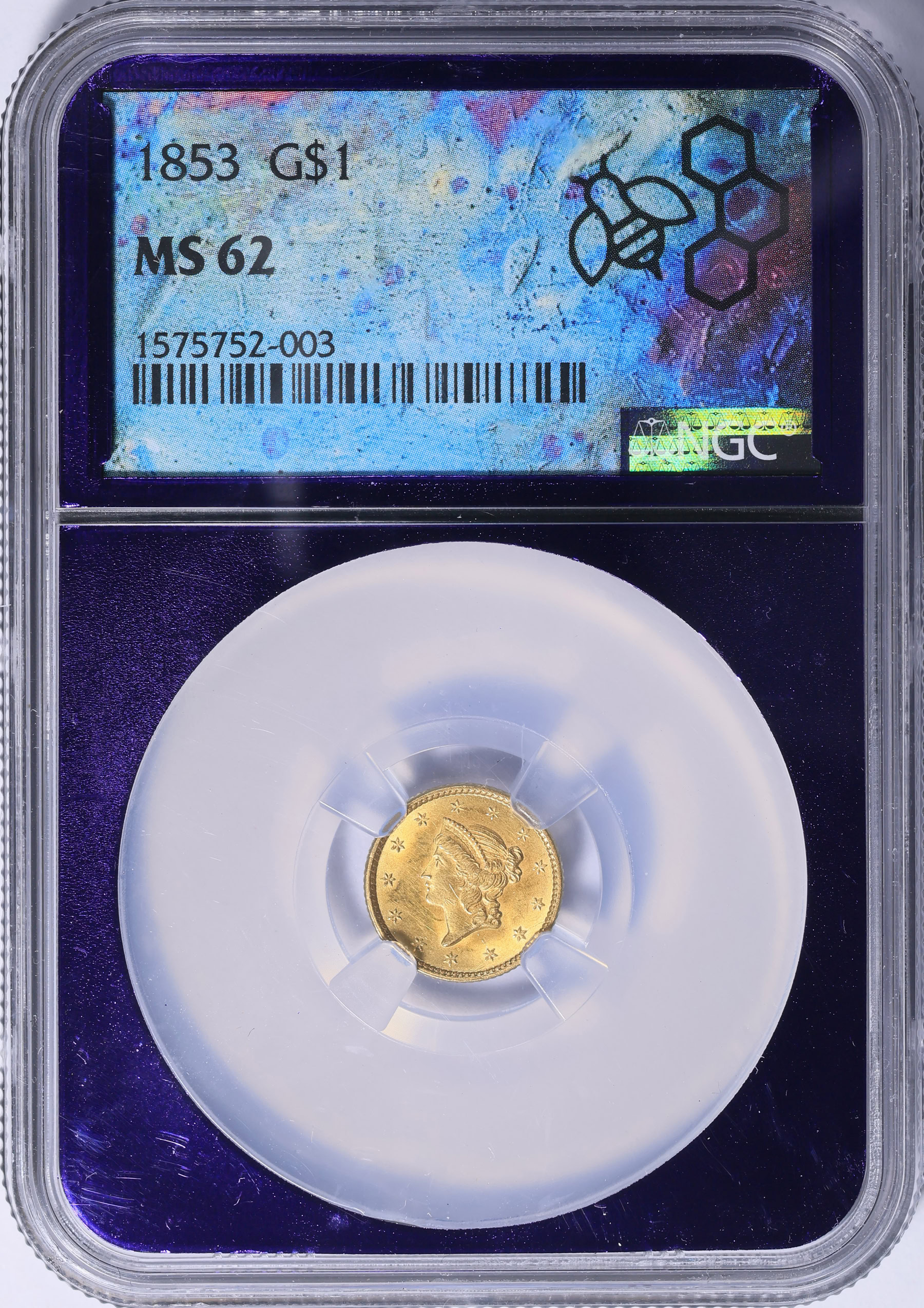 1853 Liberty Gold Dollar NGC MS-62 (Purple Bee Frame Holder) (Item