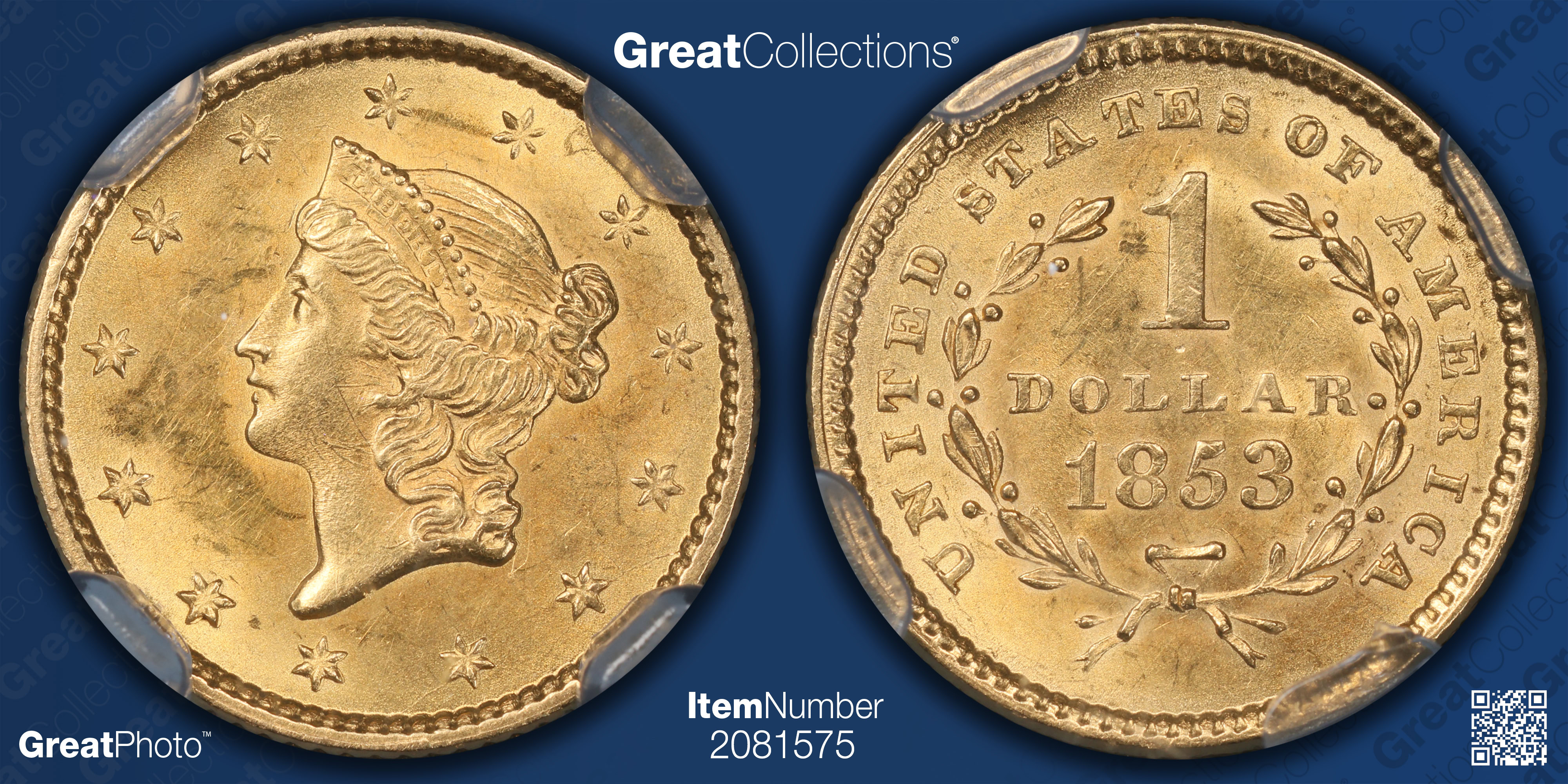 1853 Liberty Gold Dollar NGC MS-62 (Purple Bee Frame Holder) (Item