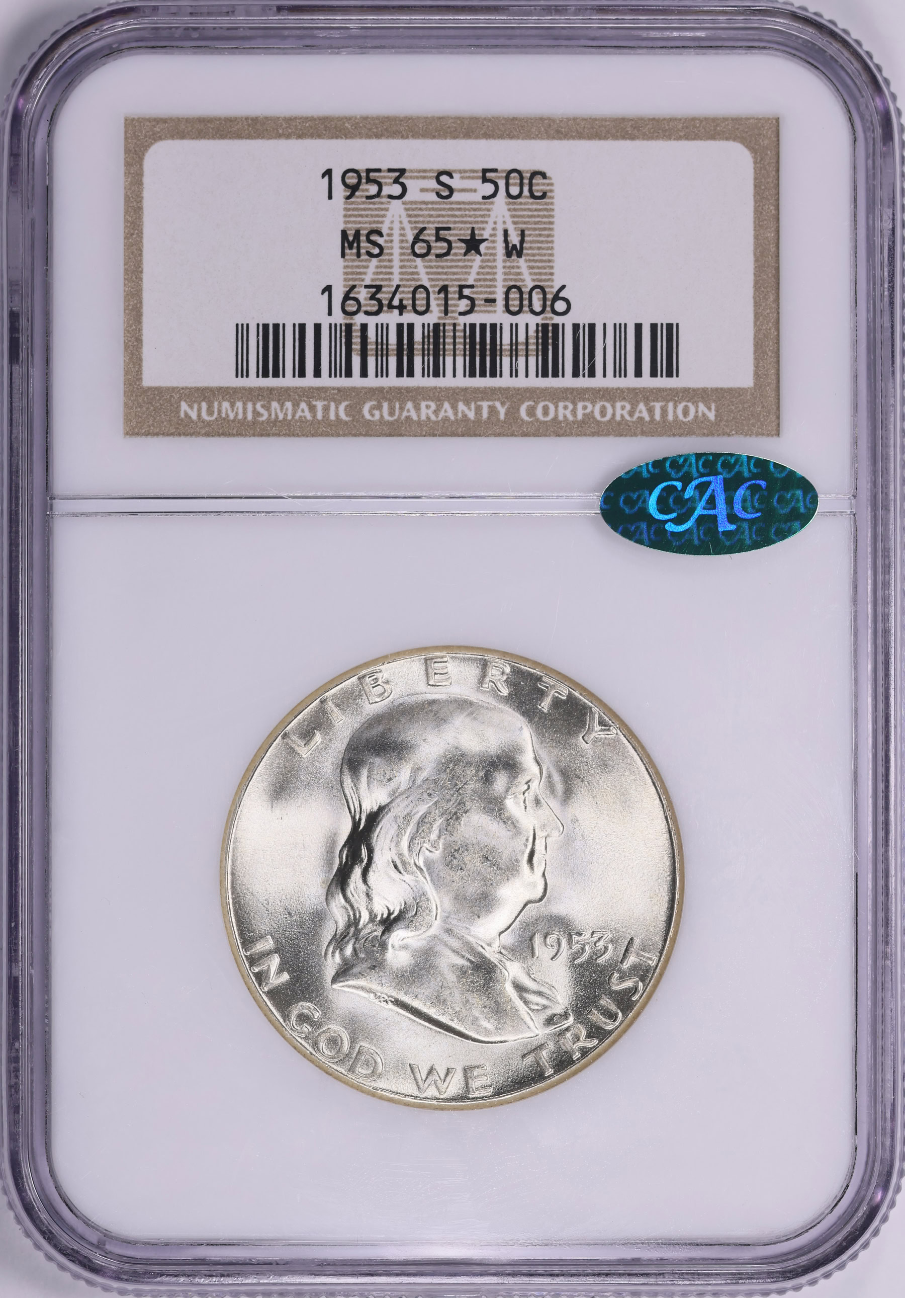 1953-S Franklin Half Dollar NGC MS-65 ☆ (CAC Green) (Item 2081742