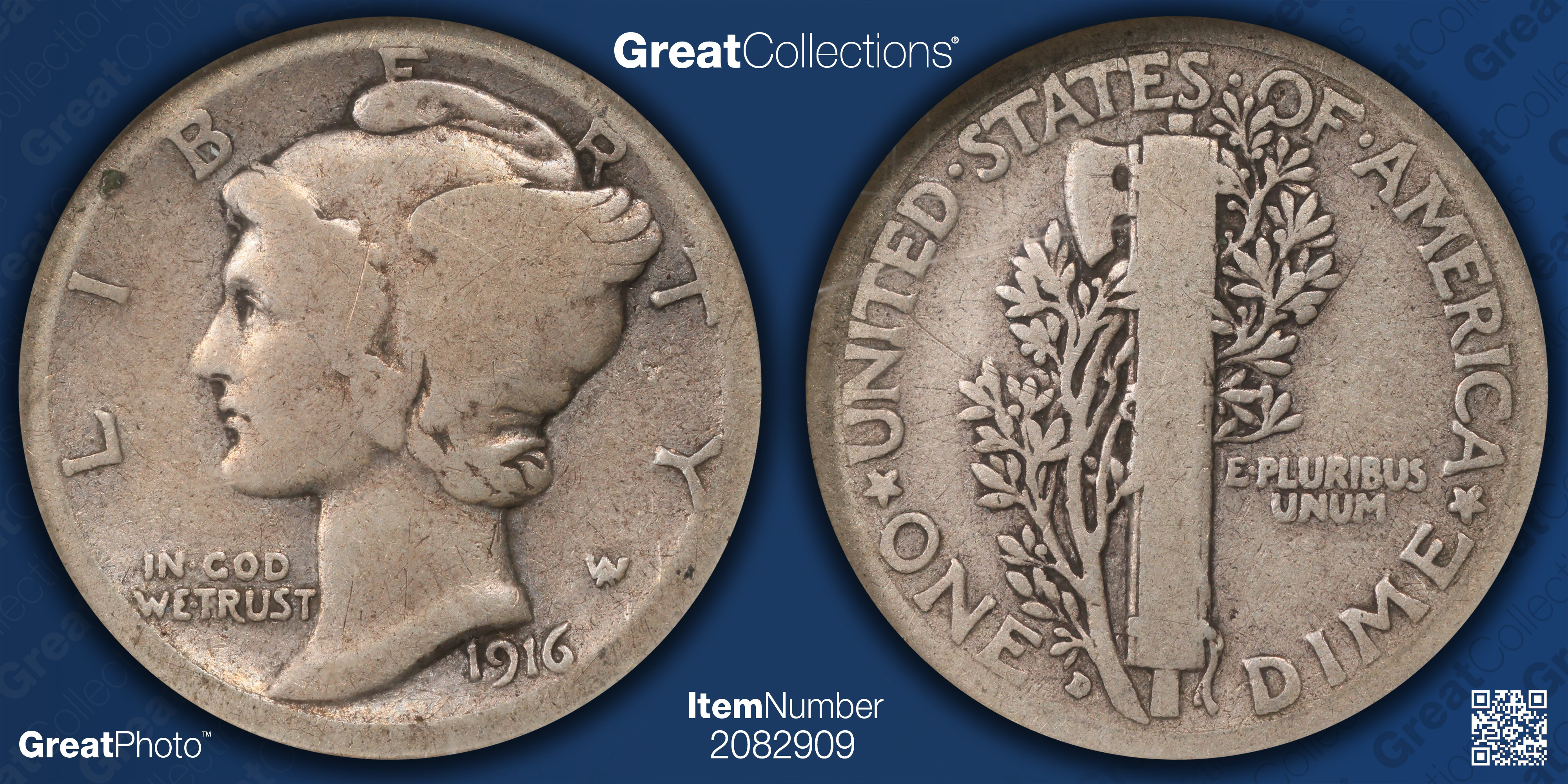 1916-D Mercury Dime NGC VG-08 (Item 2082909) | GreatCollections