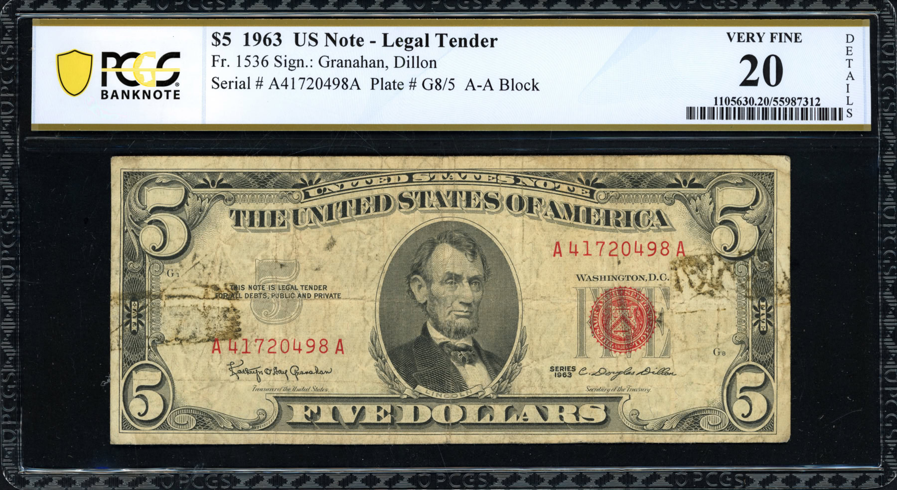 Fr. 1536 (AA Block) 1963 $5 Legal Tender Note Granahan / Dillon PCGS ...