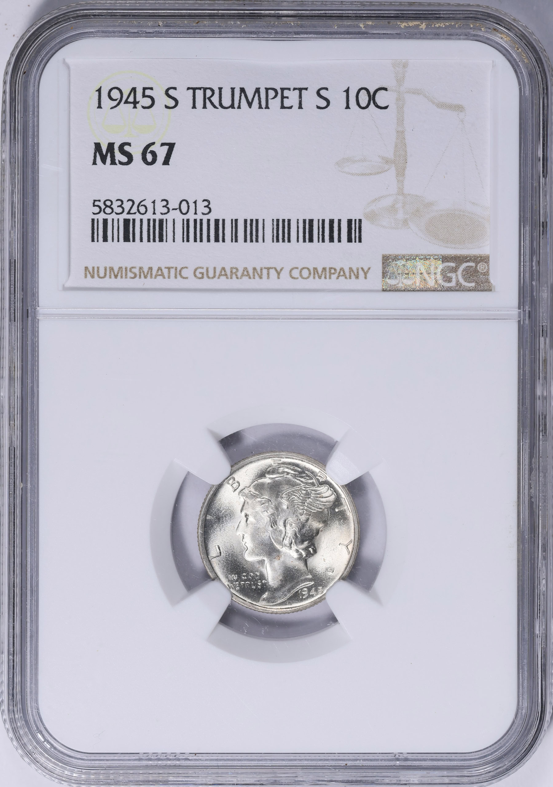 1945-S Mercury Dime TRUMPET S NGC MS-67 | NGC Cert #5832613-013