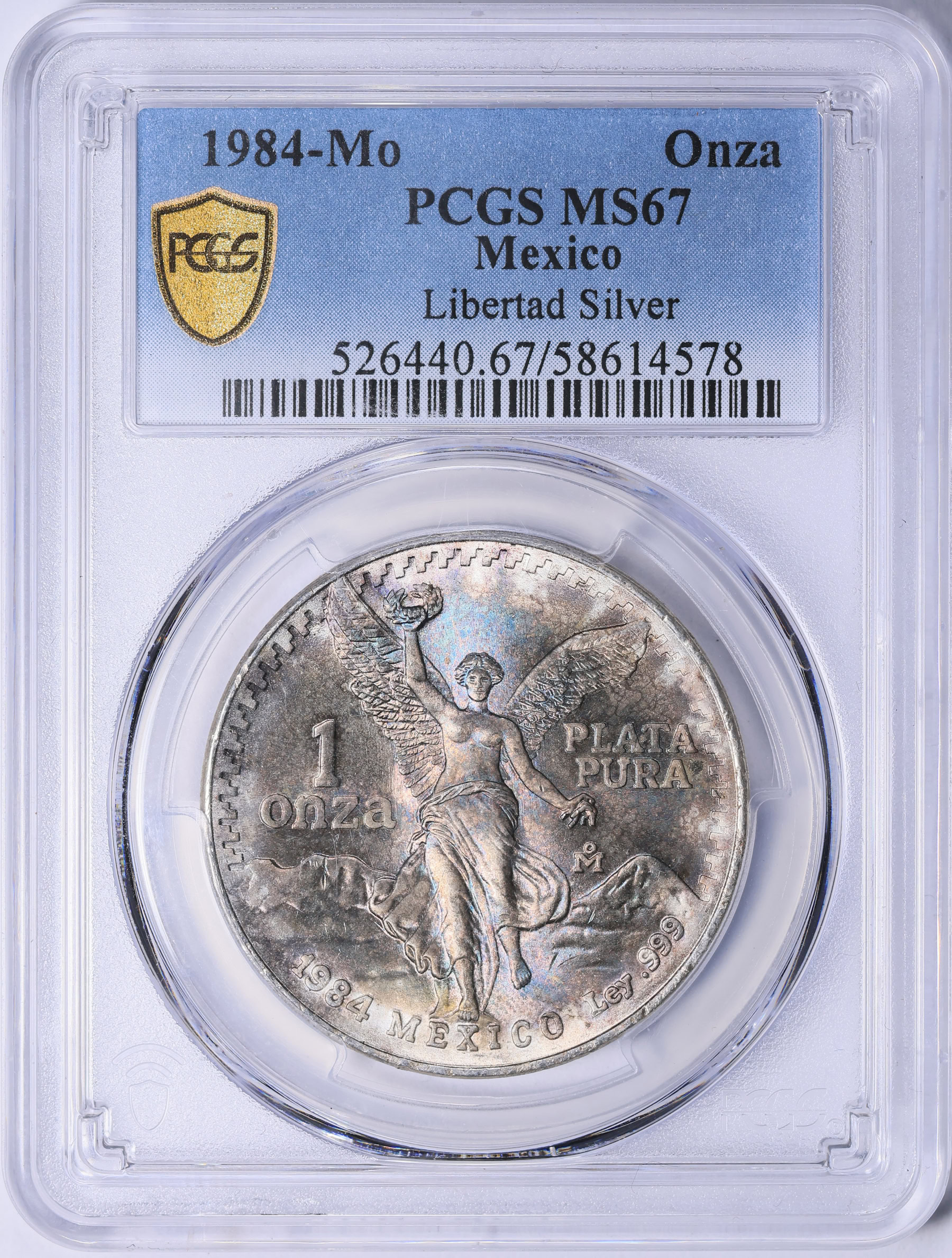 1984年 メキシコ 銀貨 1 Onza 勝利の女神ニケ MS67 Mexico 1984-Mo Silver Onza Libertad KM-494.1 PCGS MS-67 (Toned