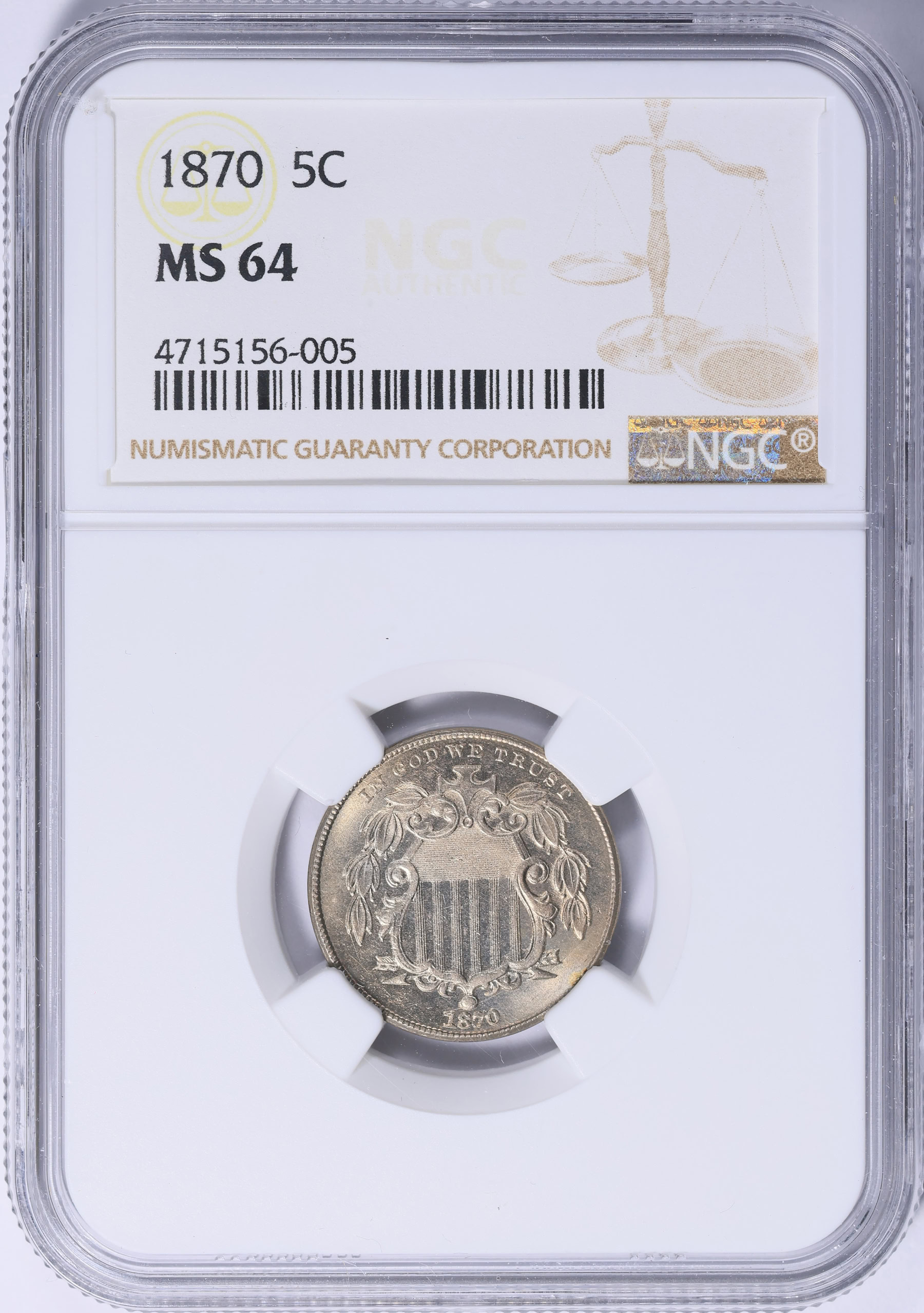 1870 Shield Nickel NGC MS-64 (Item 2084477) | GreatCollections