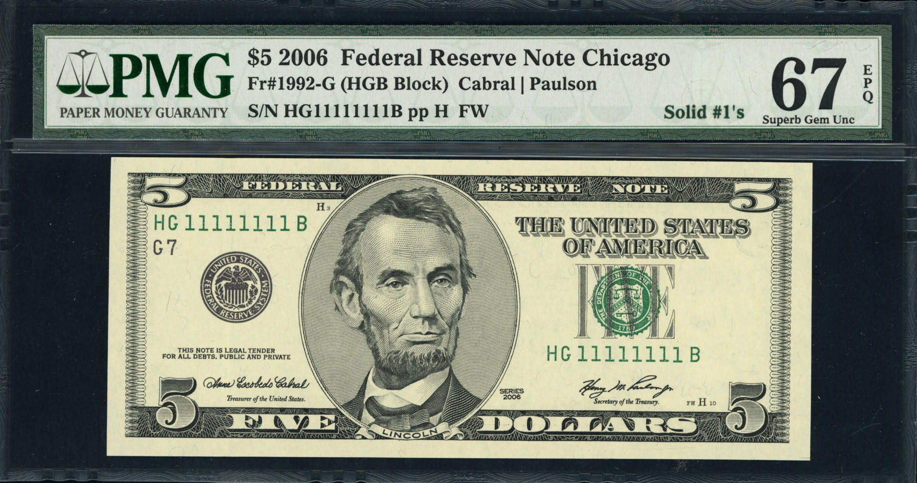 Fr. 1992-G (HGB Block) 2006 $5 Chicago Federal Reserve Note *Solid 1s ...