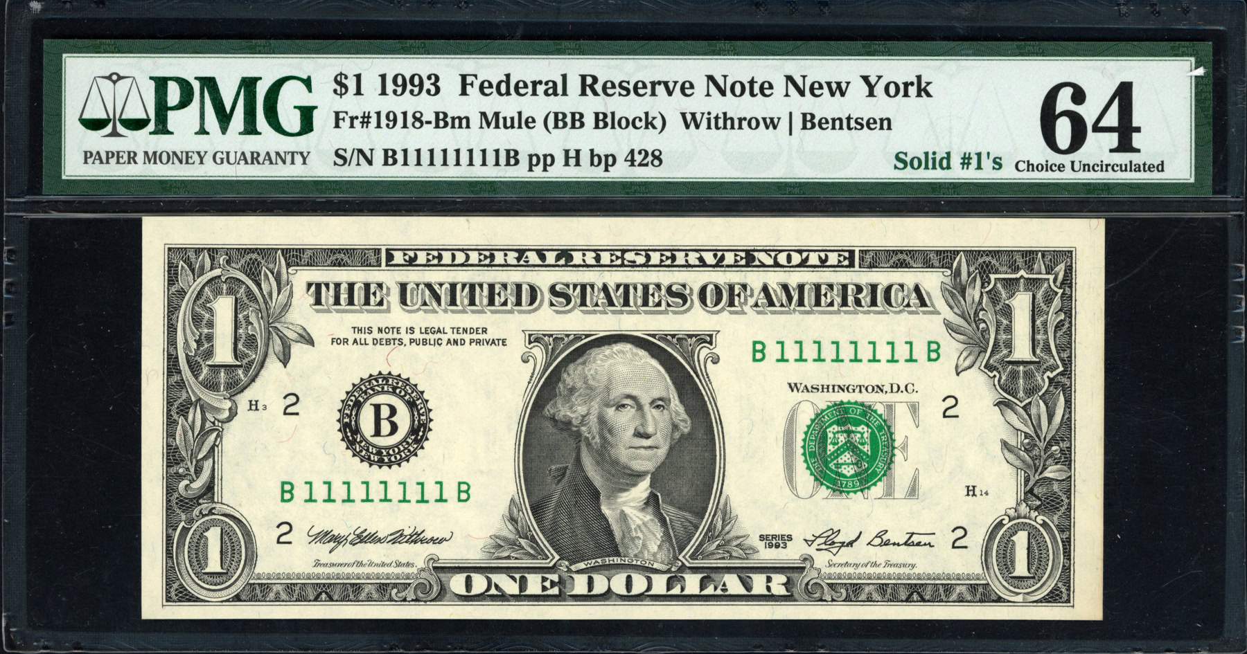 Fr. 1918-Bm (BB Block) 1993 $1 New York Federal Reserve Mule Note ...