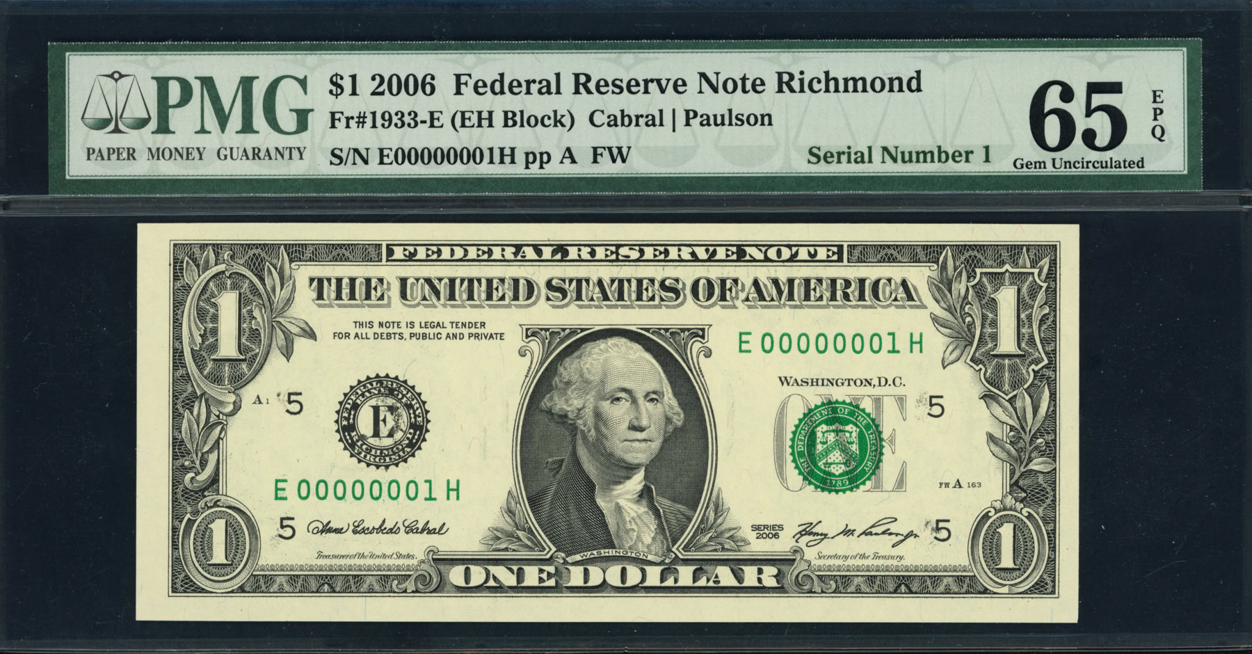 Fr. 1933-E (EH Block) 2006 $1 Richmond Federal Reserve Note *Serial ...