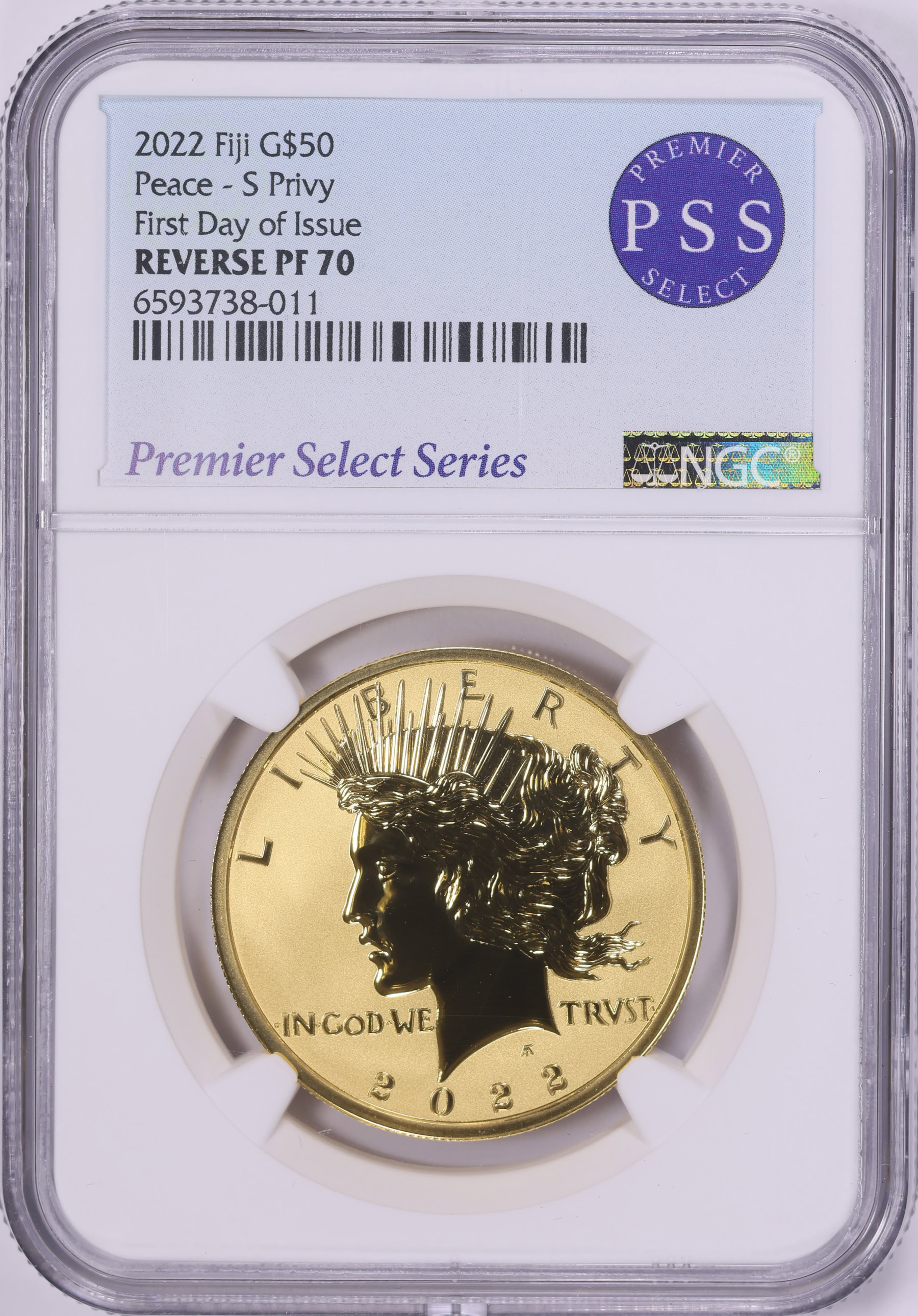 Fiji 2022-S Gold $50 Peace Dollar Reverse Proof First Day of Issue