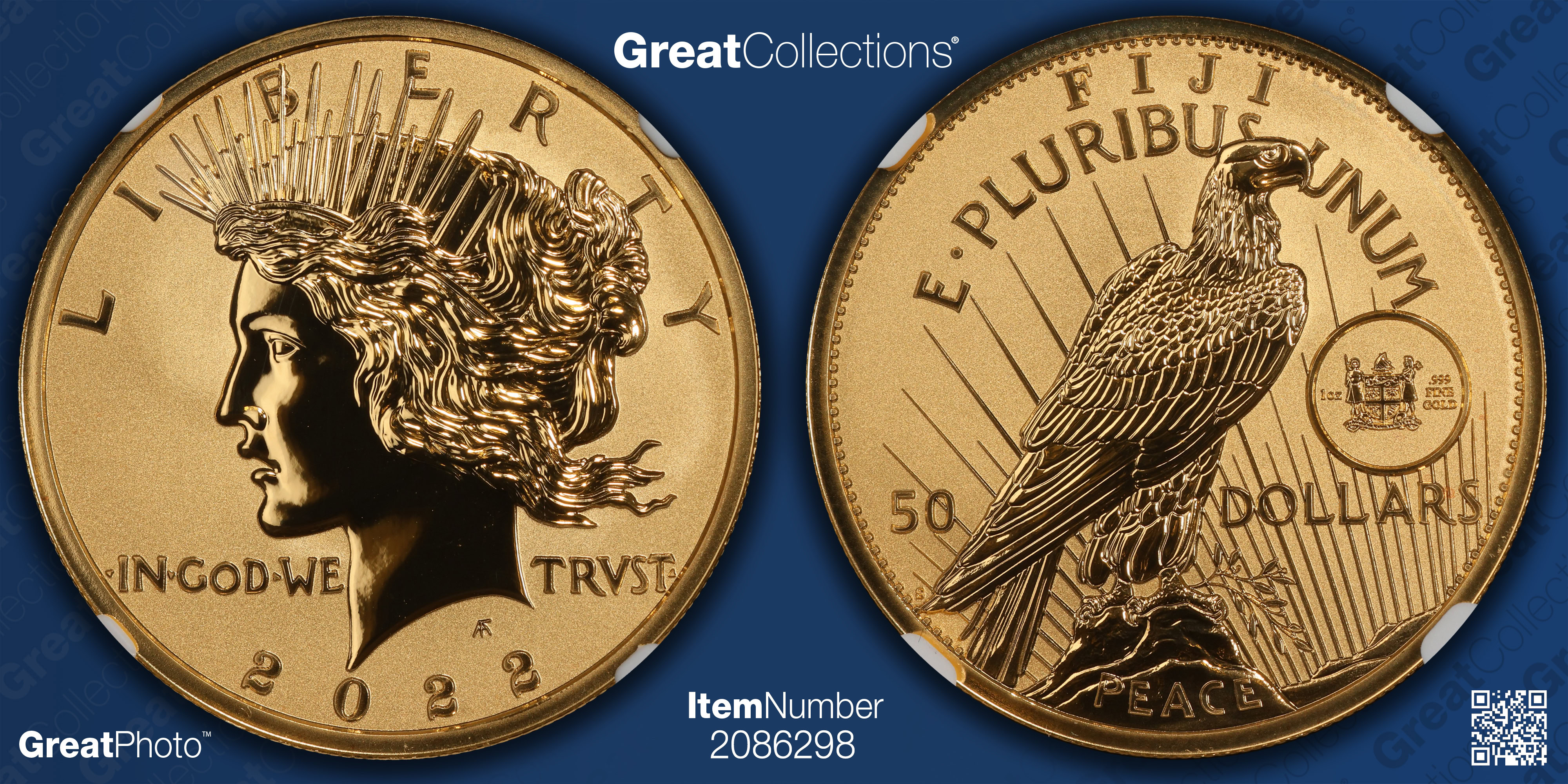Fiji 2022-S Gold $50 Peace Dollar Reverse Proof First Day of Issue