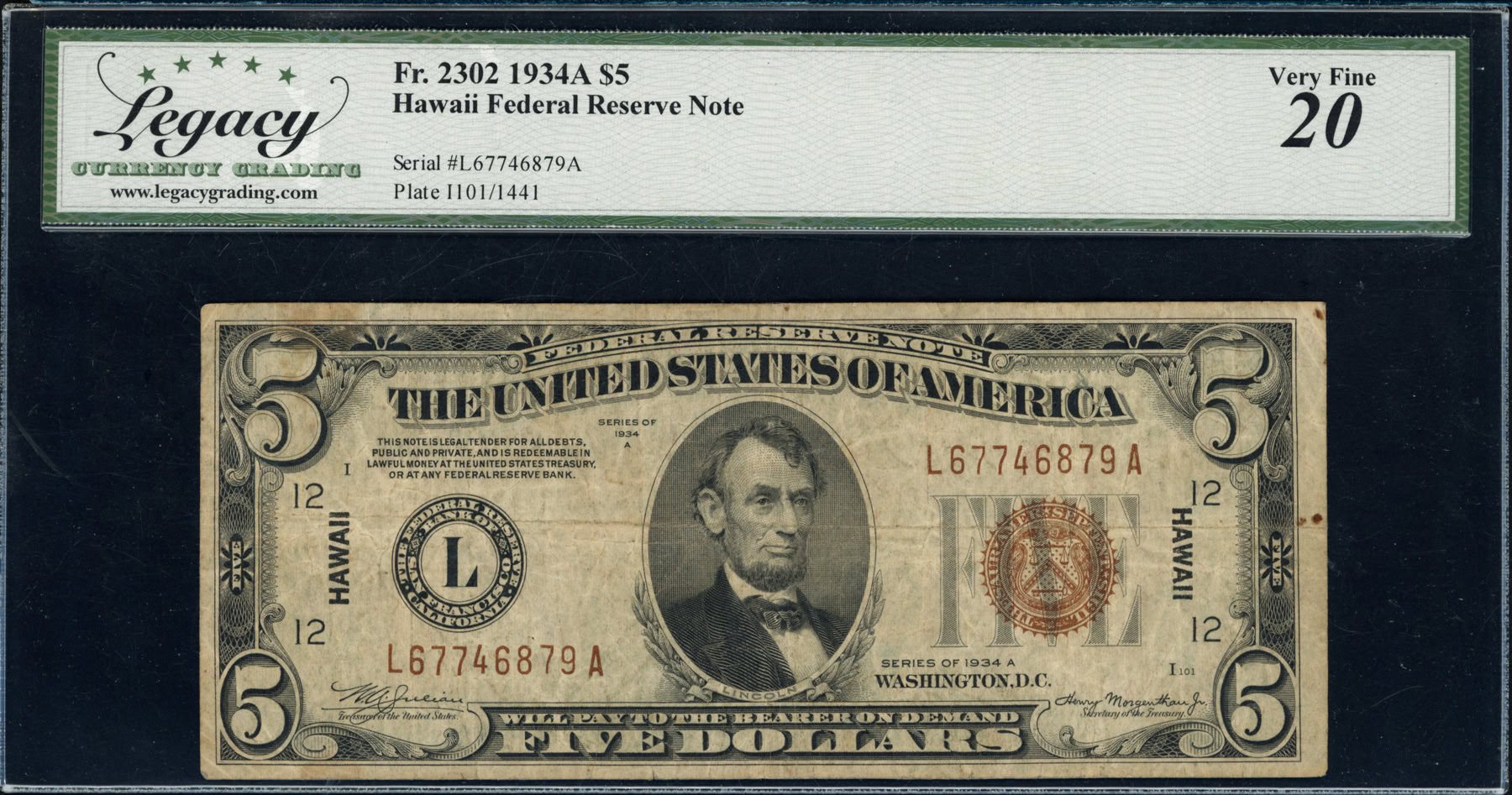 Fr. 2302 (LA Block) 1934A $5 Hawaii WWII Emergency Issue Note Julian ...