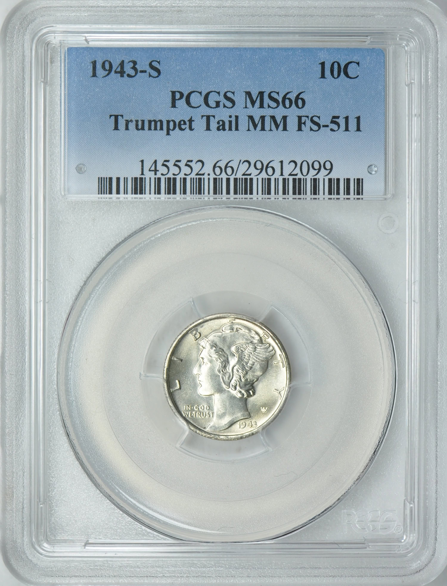 1943-S Mercury Dime FS-511 Trumpet Tail MM FS-511 PCGS MS-66 (Item