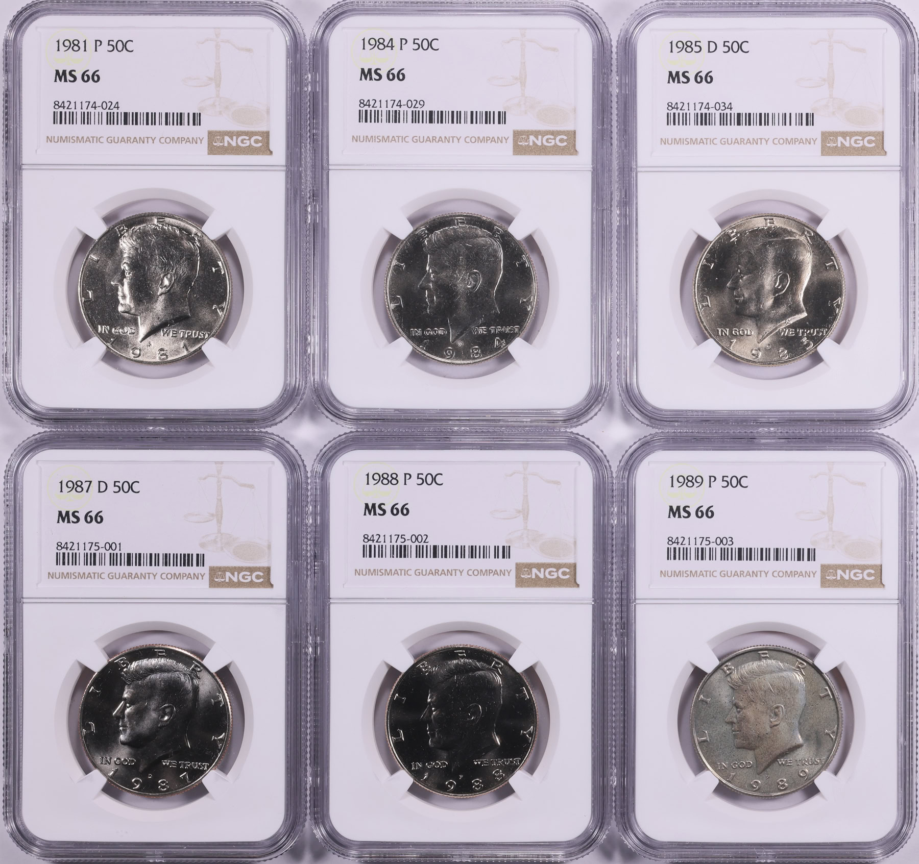 1981-P, 1984-P, 1985-D, 1987-D, 1988-P and 1989-P Kennedy Half Dollar ...